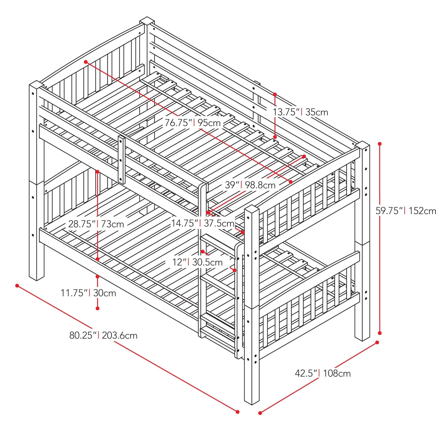 white Wooden Bunk Bed Dakota Collection measurements diagram by CorLiving#color_white