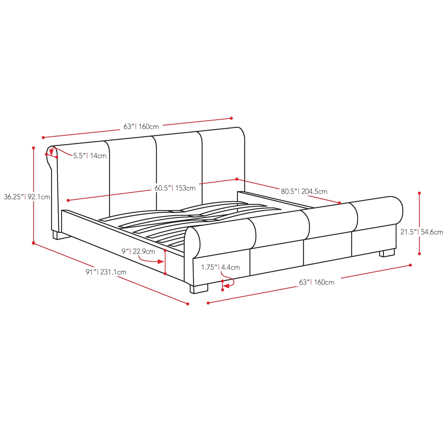 black Double / Full Bed San Antonio Collection measurements diagram by CorLiving#color_black