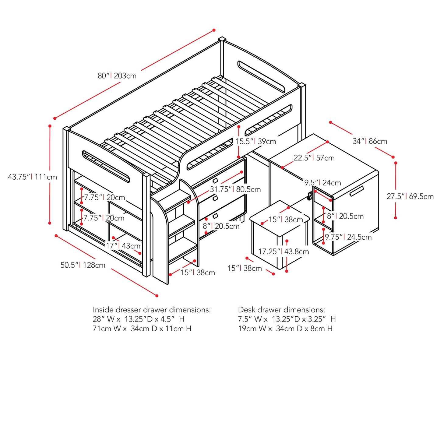 white Twin Loft Bed with Desk Mika Collection measurements diagram by CorLiving#color_white