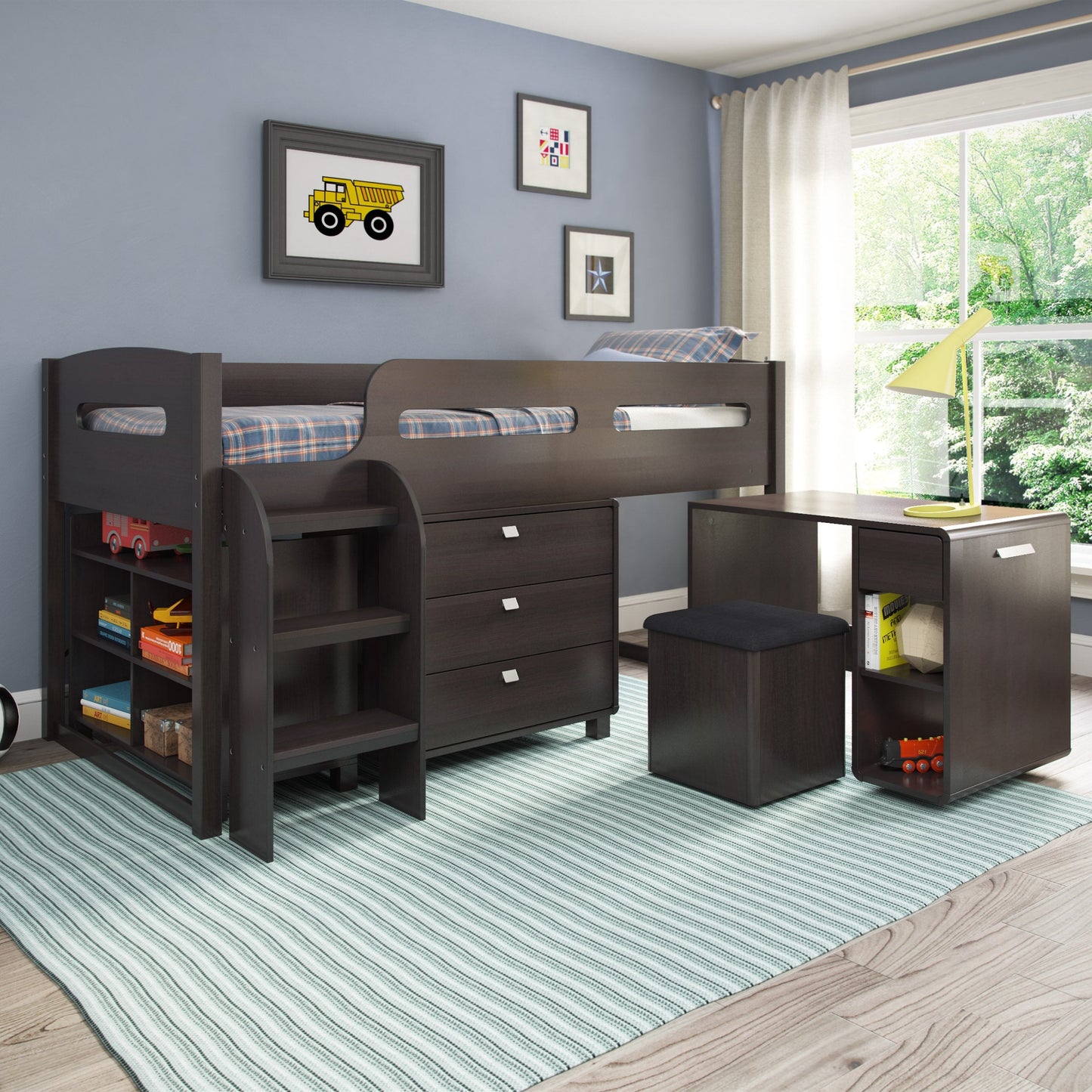 espresso Twin Loft Bed with Desk Mika Collection lifestyle scene by CorLiving#color_espresso