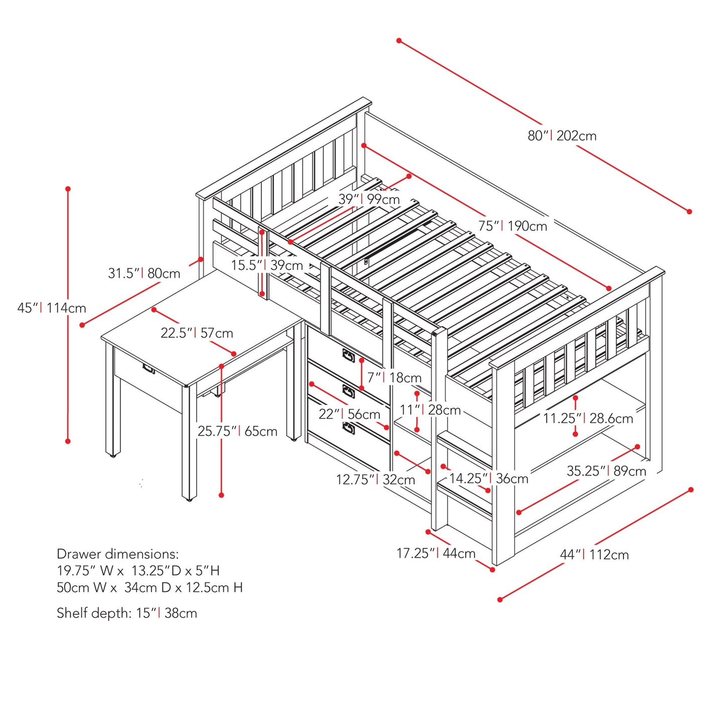 white Twin Loft Bed with Storage Mina Collection measurements diagram by CorLiving#color_white