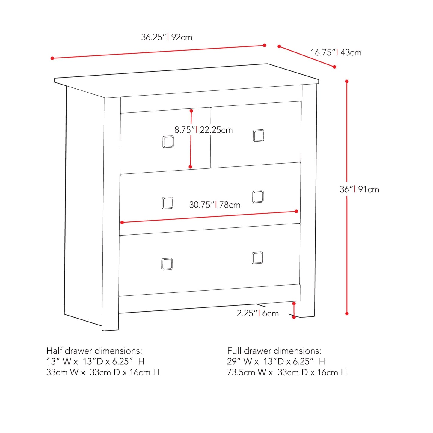 white 4 Drawer Dresser Madison Collection measurements diagram by CorLiving#color_white
