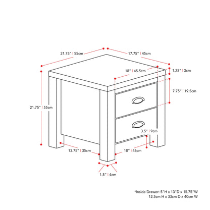 black 2 Drawer Night Stand Boston Collection measurements diagram by CorLiving#color_black