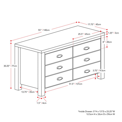 black 6 Drawer Dresser Boston Collection measurements diagram by CorLiving#color_black