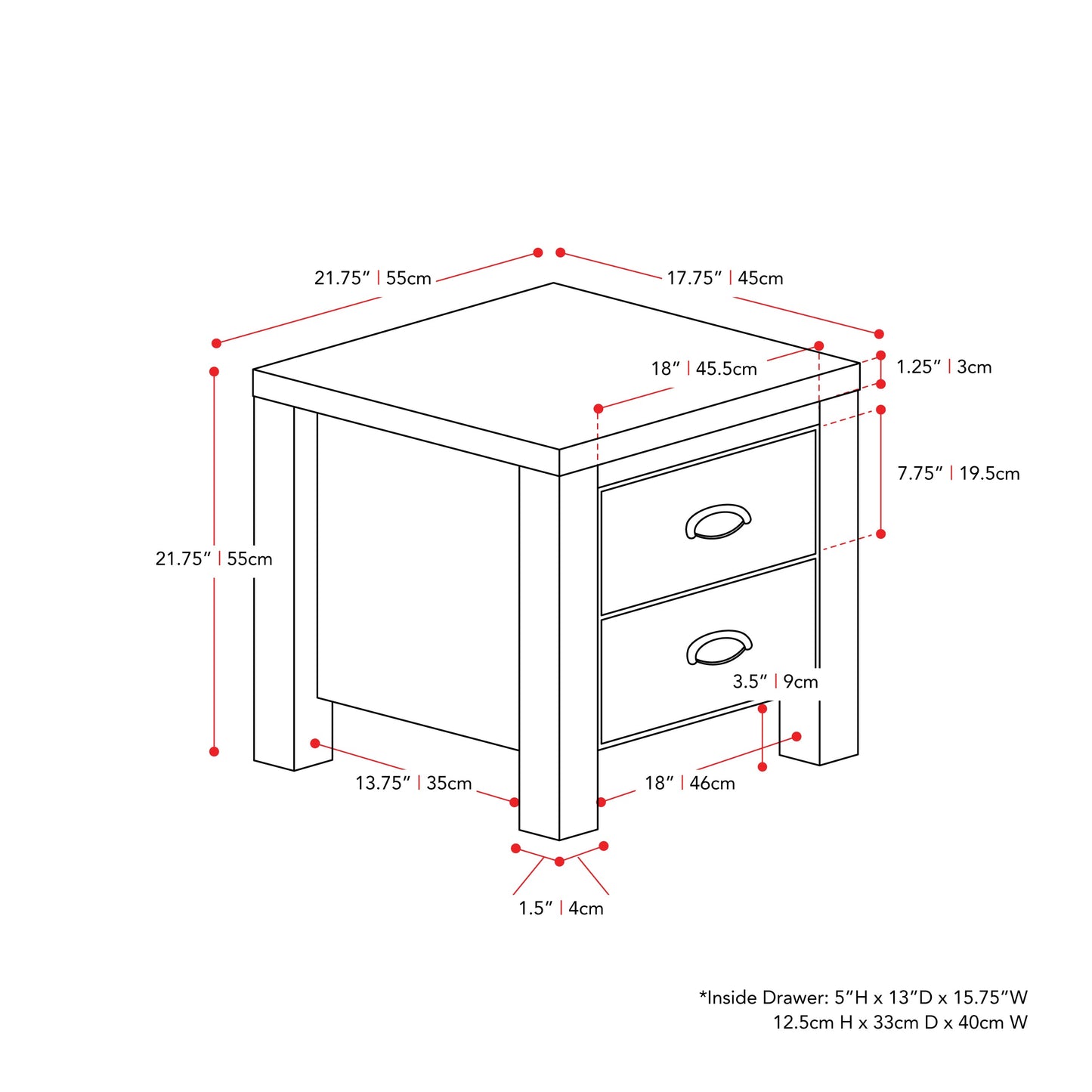 white 2 Drawer Night Stand Boston Collection measurements diagram by CorLiving#color_white
