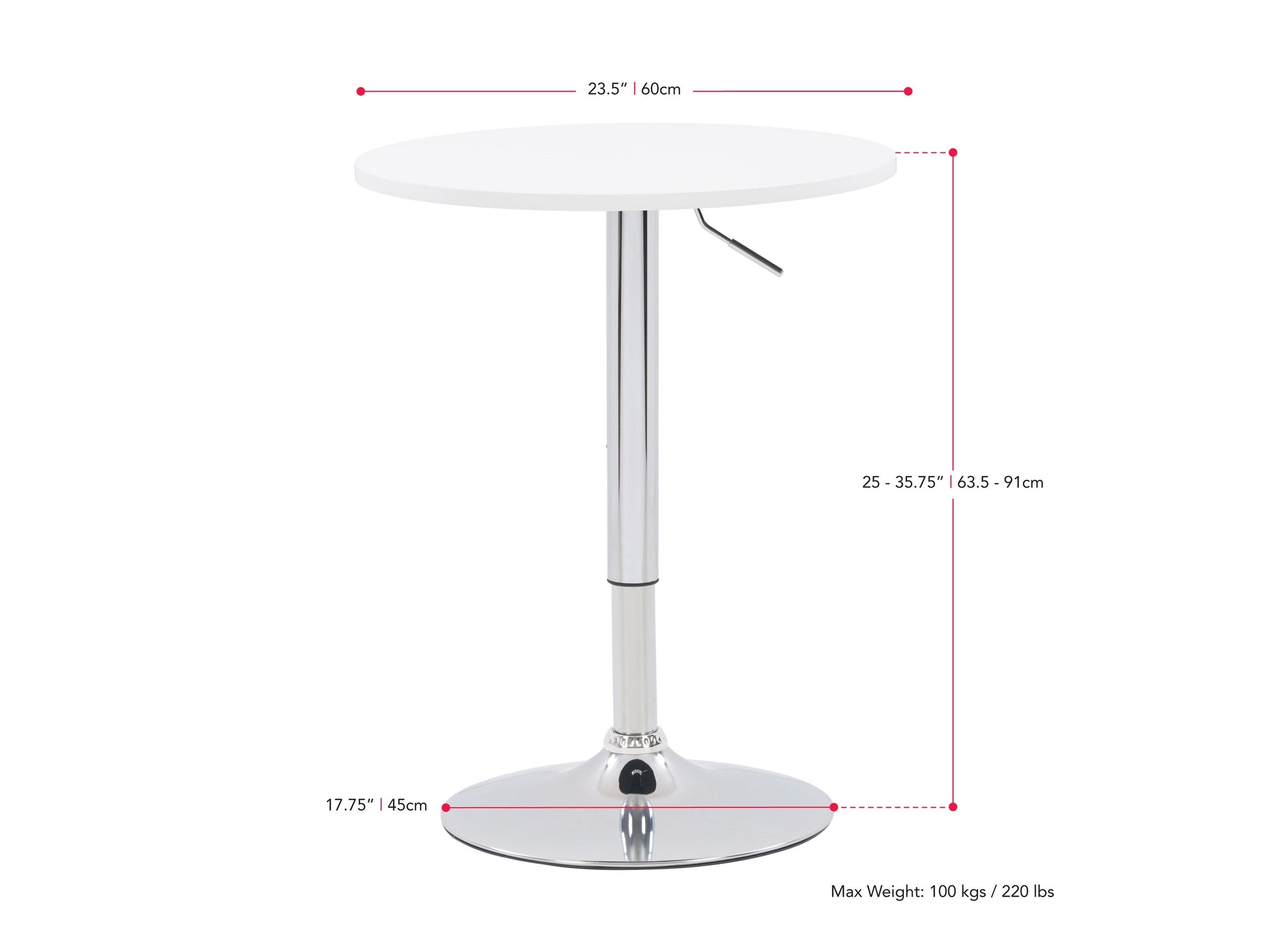 white Adjustable Height Bar Table, Round Maya Collection measurements diagram by CorLiving#color_white