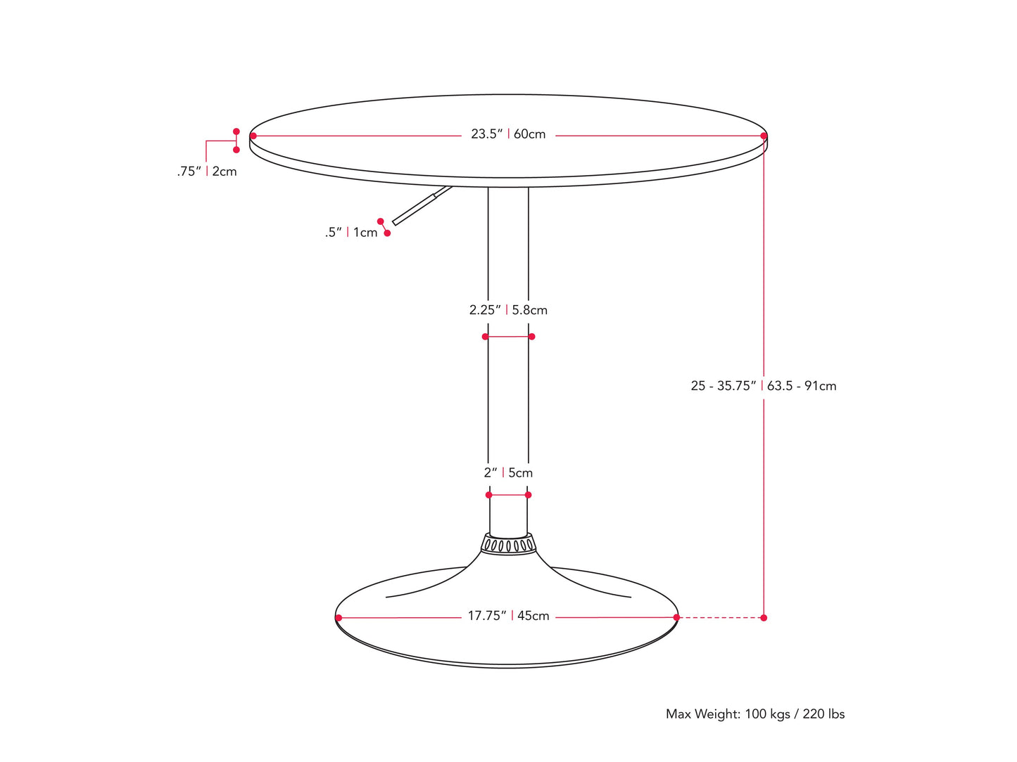 Black Bar Table, Adjustable Height Maya Collection measurements diagram by CorLiving#color_black-and-black