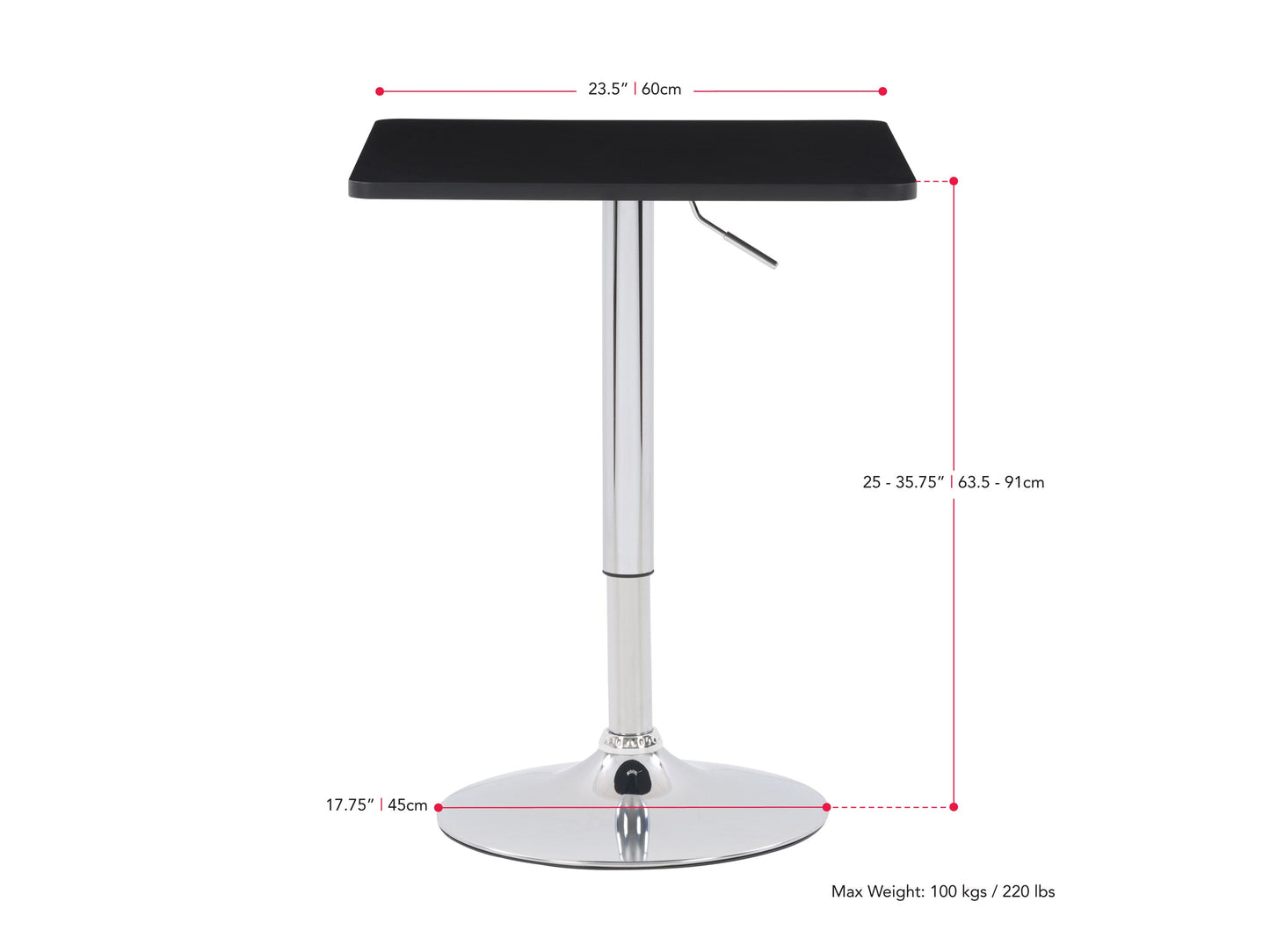 black Adjustable Height Bar Table, Square Maya Collection measurements diagram by CorLiving#color_black