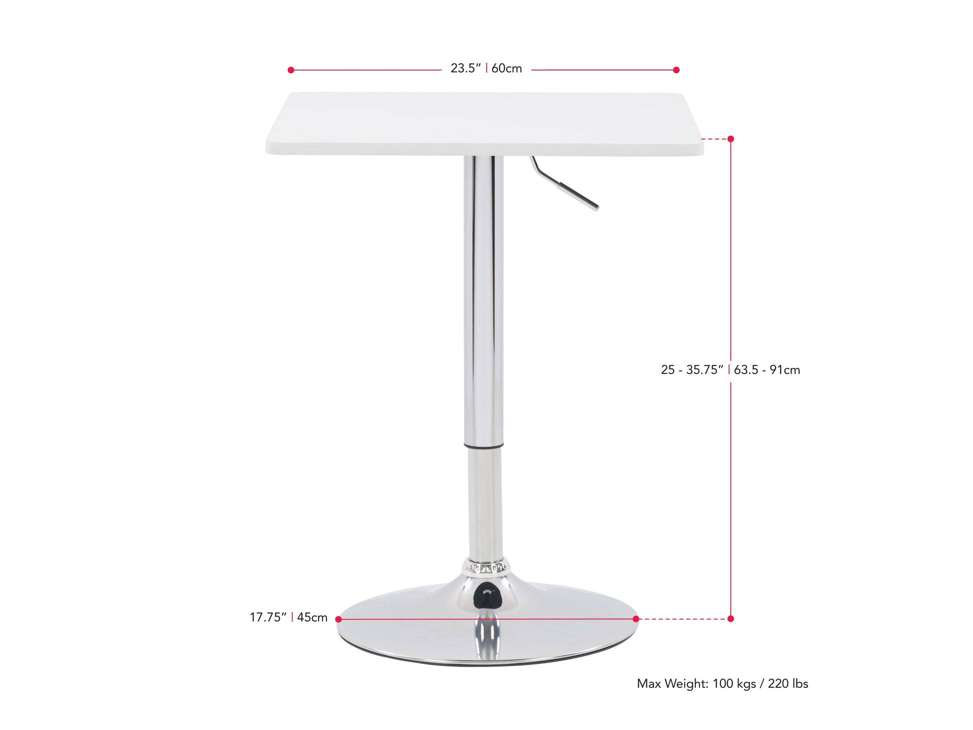 white Adjustable Height Bar Table, Square Maya Collection measurements diagram by CorLiving#color_white