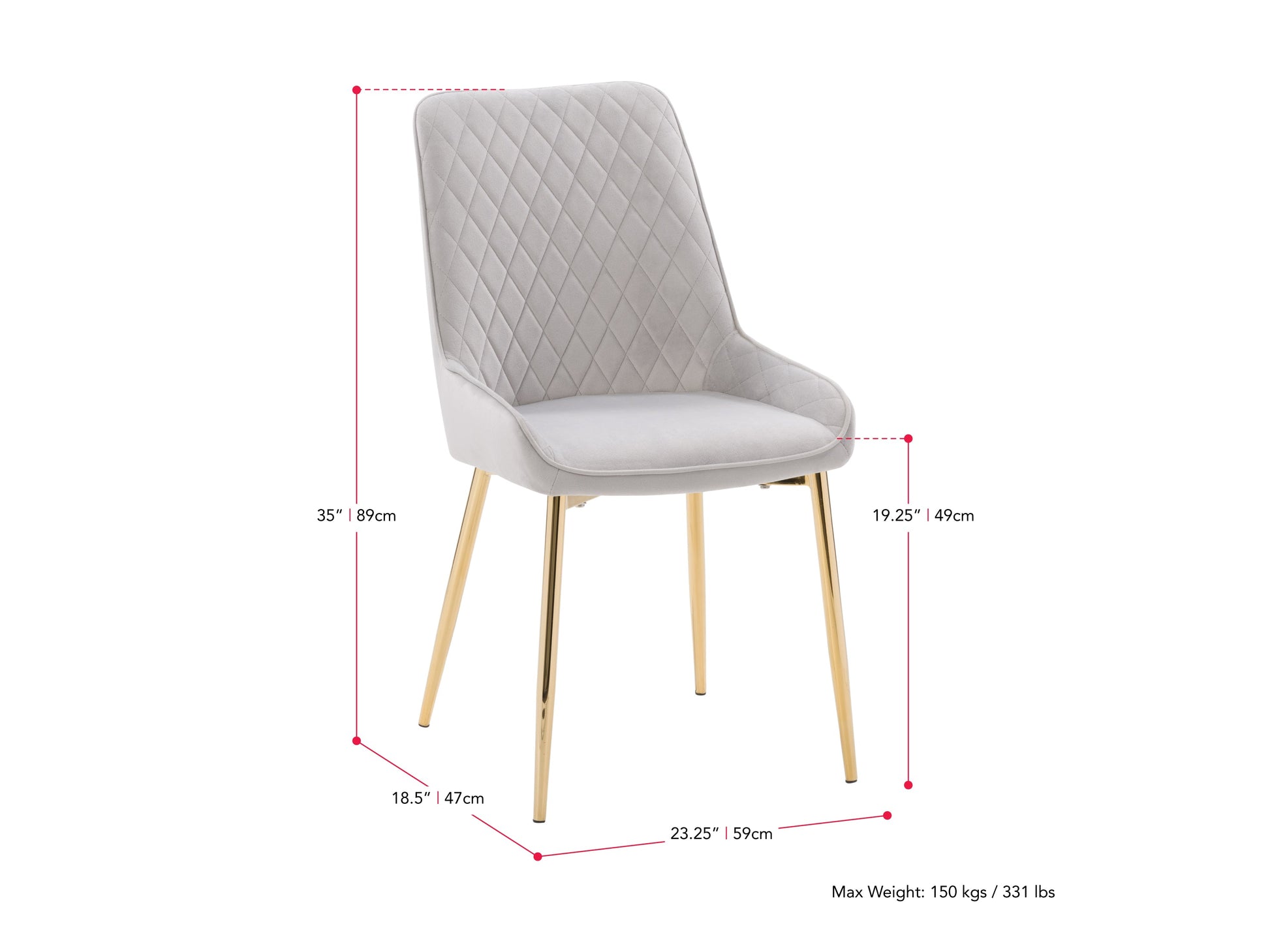 light grey Luxury Velvet Dining Chairs, Set of 2 Nia Collection measurements diagram by CorLiving#color_light-grey