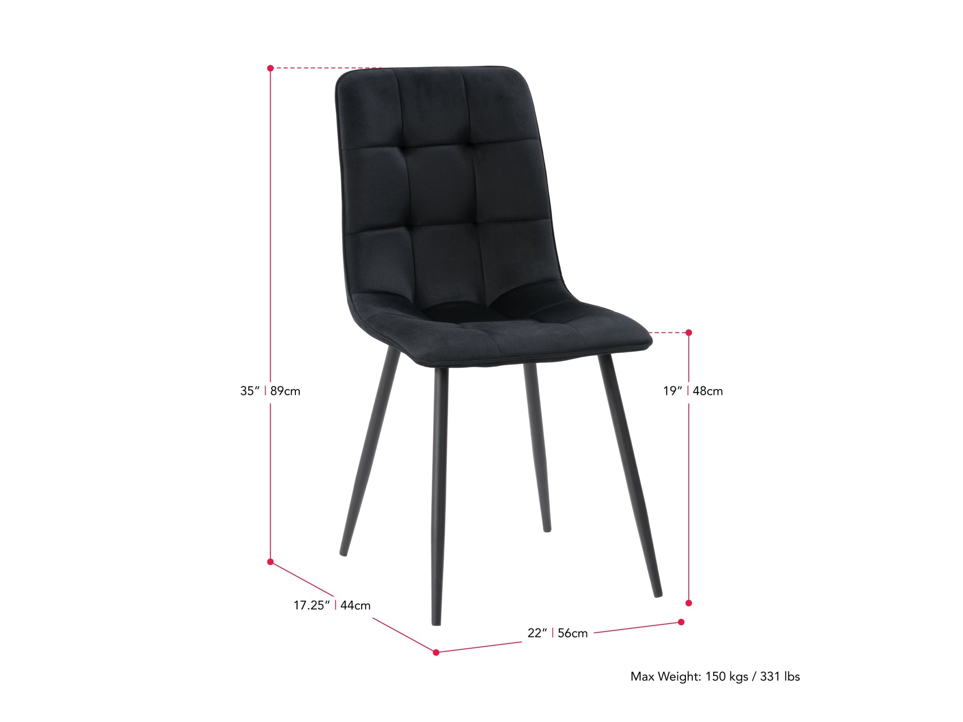 black Velvet Upholstered Dining Chairs, Set of 2 Nash Collection measurements diagram by CorLiving#color_black