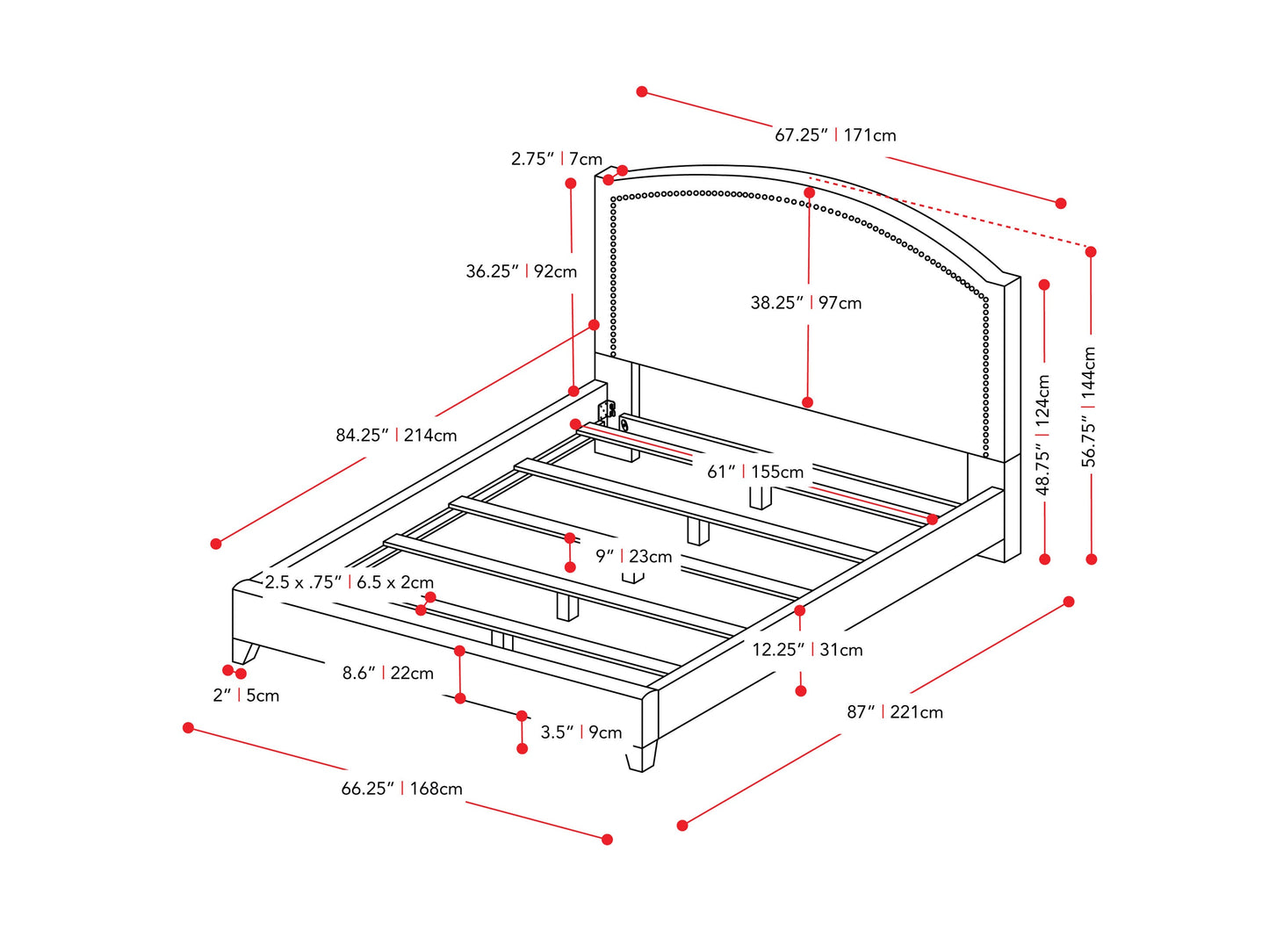 dark grey Upholstered Queen Bed Florence Collection measurements diagram by CorLiving#color_dark-grey