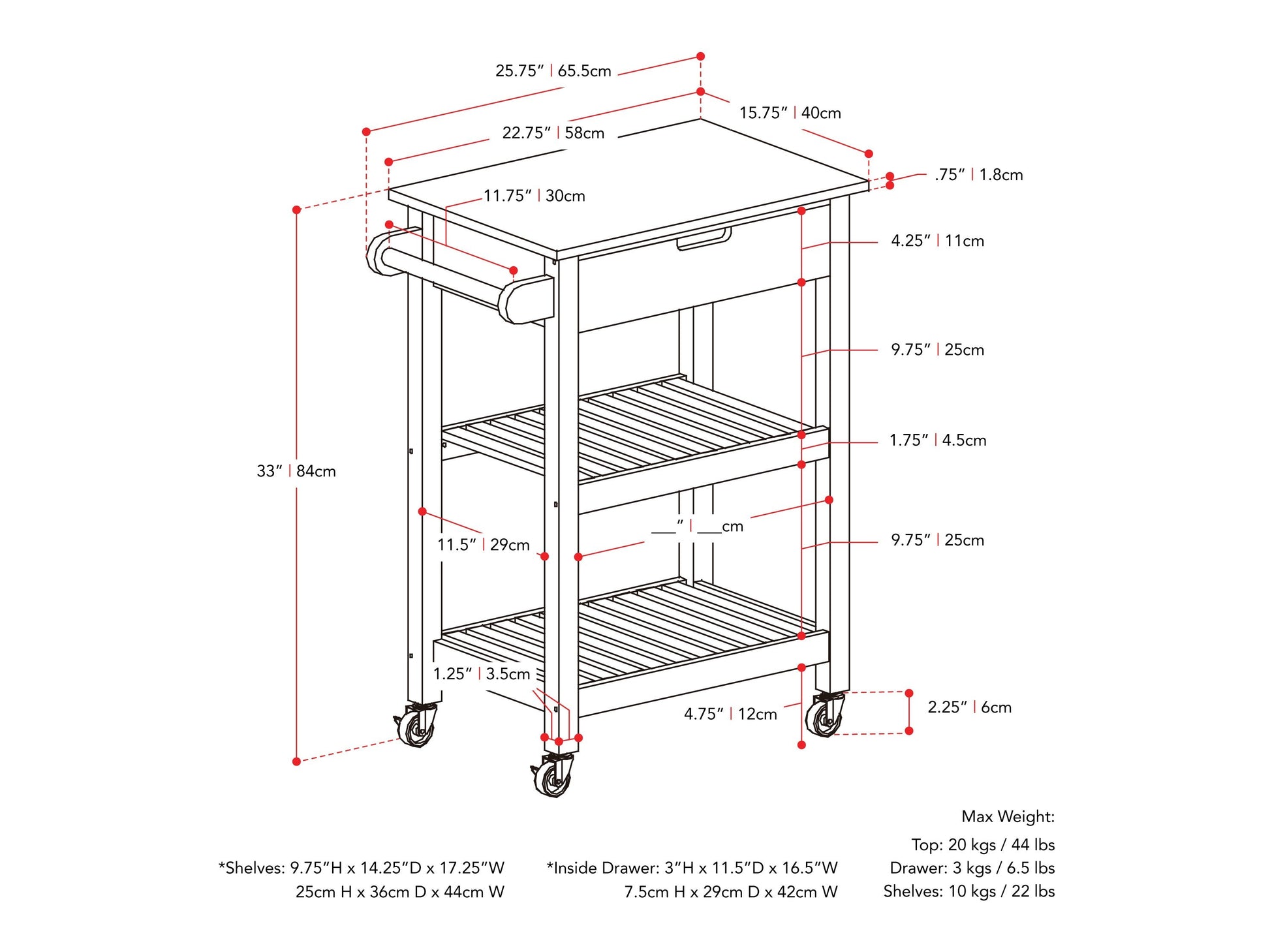 white Kitchen Cart on Wheels Sage Collection measurements diagram by CorLiving#color_white