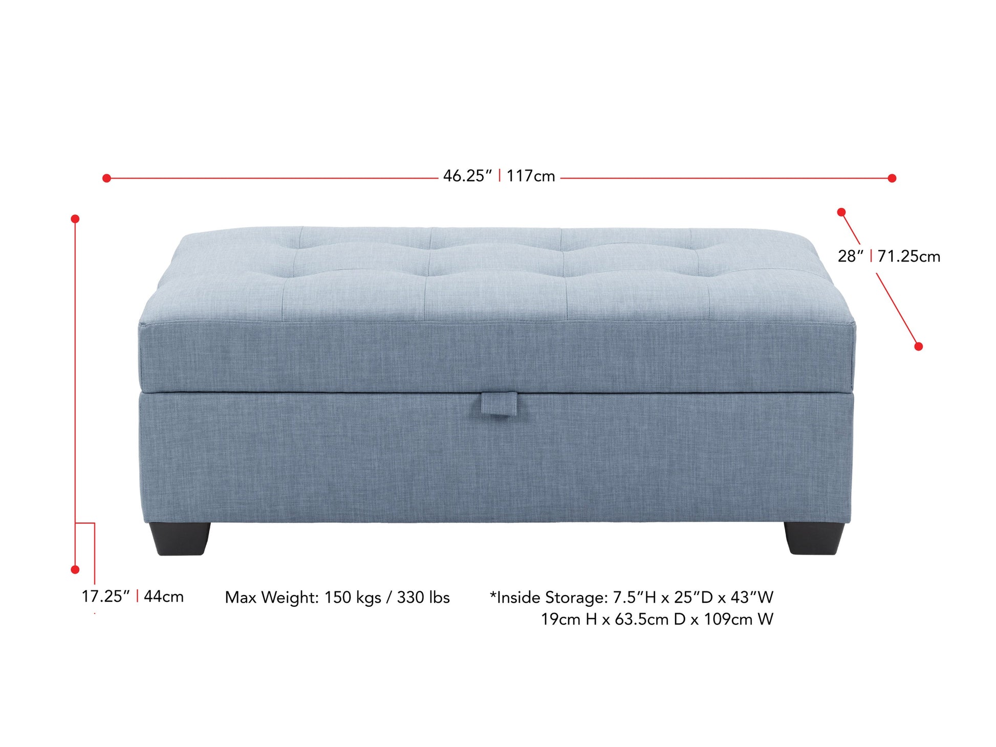 blue grey Tufted Storage Bench Antonio Collection measurements diagram by CorLiving#color_antonio-blue-grey