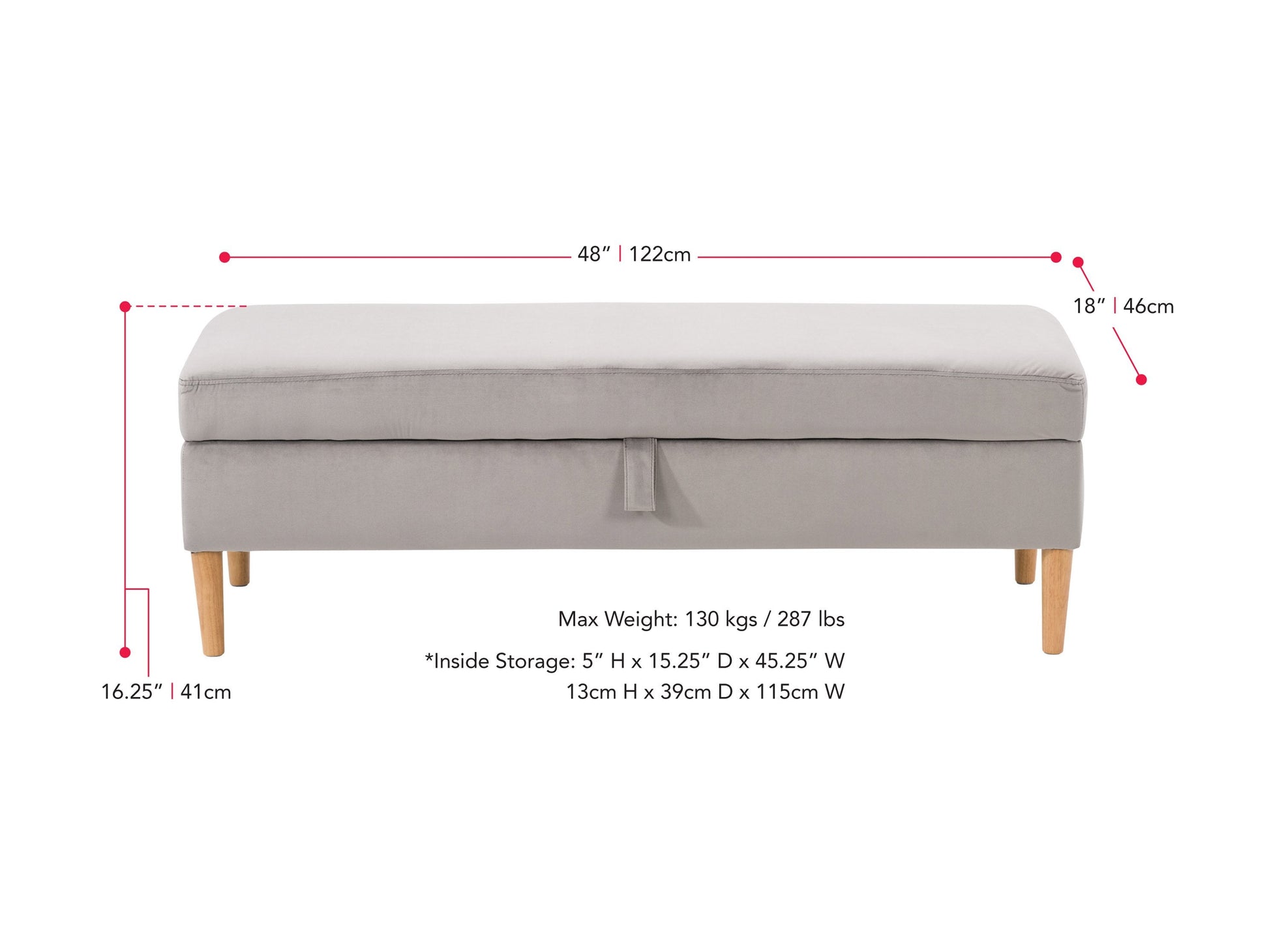 light grey Velvet Storage Bench Perry Collection measurements diagram by CorLiving#color_perry-light-grey
