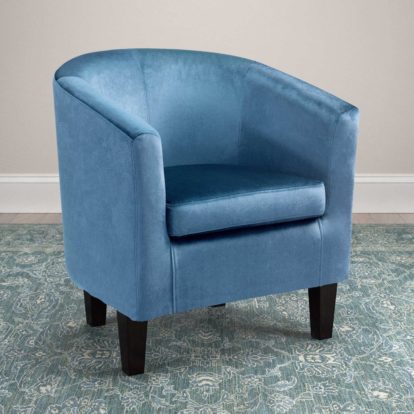 blue Velvet Barrel Chair Sasha Collection lifestyle scene by CorLiving#color_blue-1