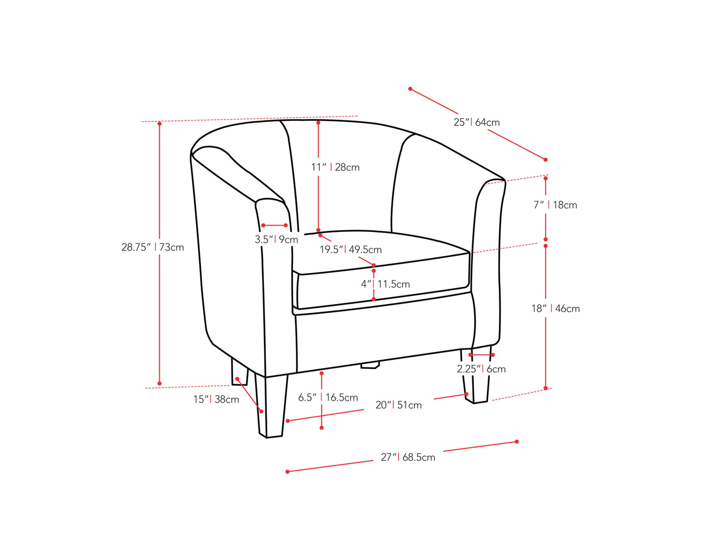 dark brown Leather Barrel Chair Sasha Collection measurements diagram by CorLiving#color_sasha-dark-brown
