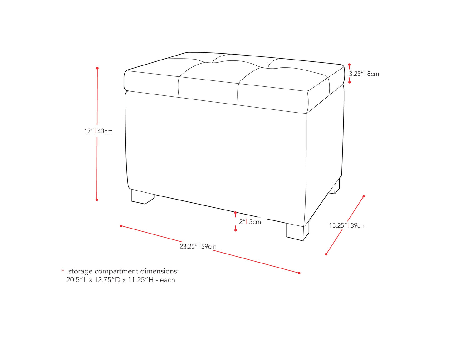 Black Ottoman Antonio Collection measurements diagram by CorLiving#color_antonio-black