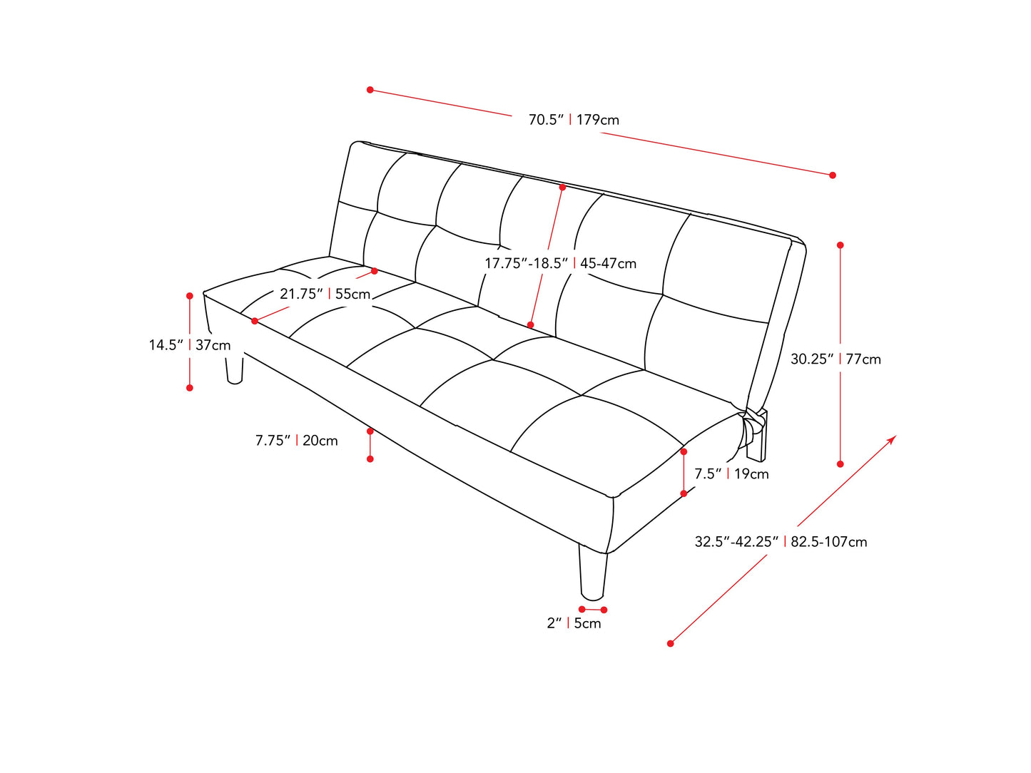 light grey Convertible Futon Sofa Bed Yorkton collection measurements diagram by CorLiving#color_light-grey