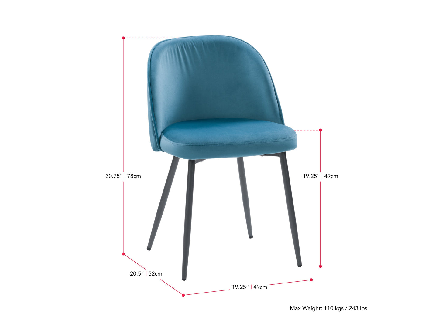 blue Velvet Side Chair Ayla Collection measurements diagram by CorLiving#color_blue