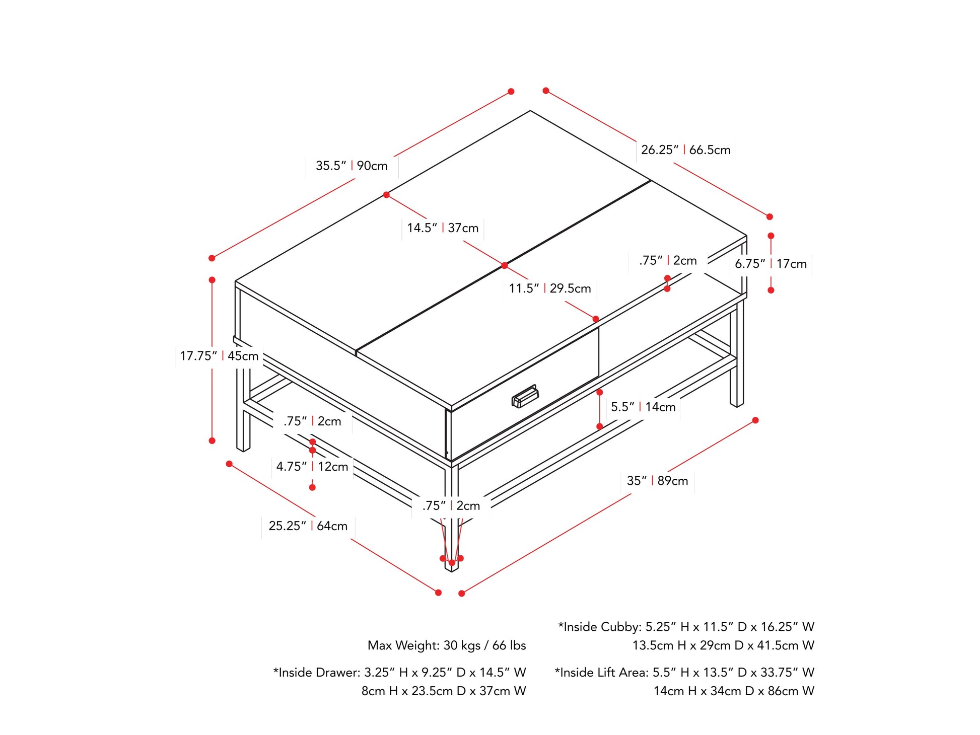 brown Farmhouse Lift Top Coffee Table Fort Worth Collection measurements diagram by CorLiving#color_brown