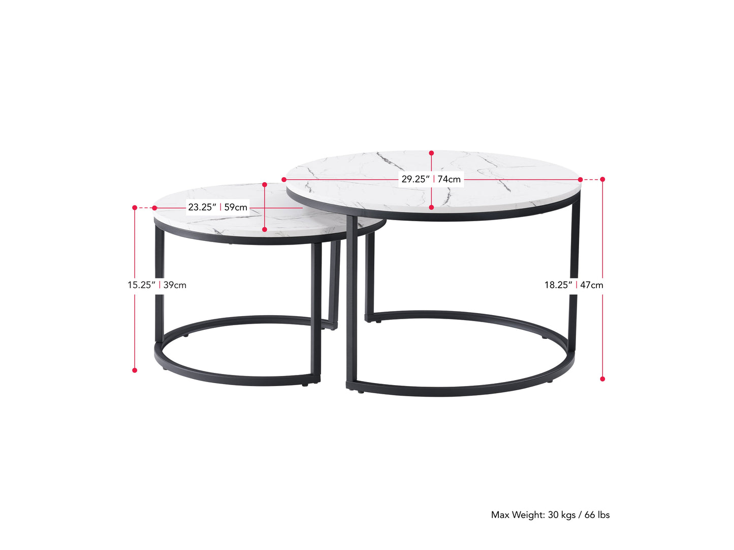 marble Nesting Coffee Table Fort Worth Collection measurements diagram by CorLiving#color_fort-worth-white-marble