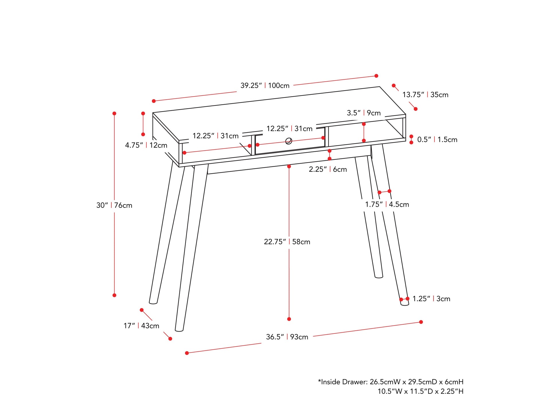 black Mid Century Desk Acerra Collection measurements diagram by CorLiving#color_black