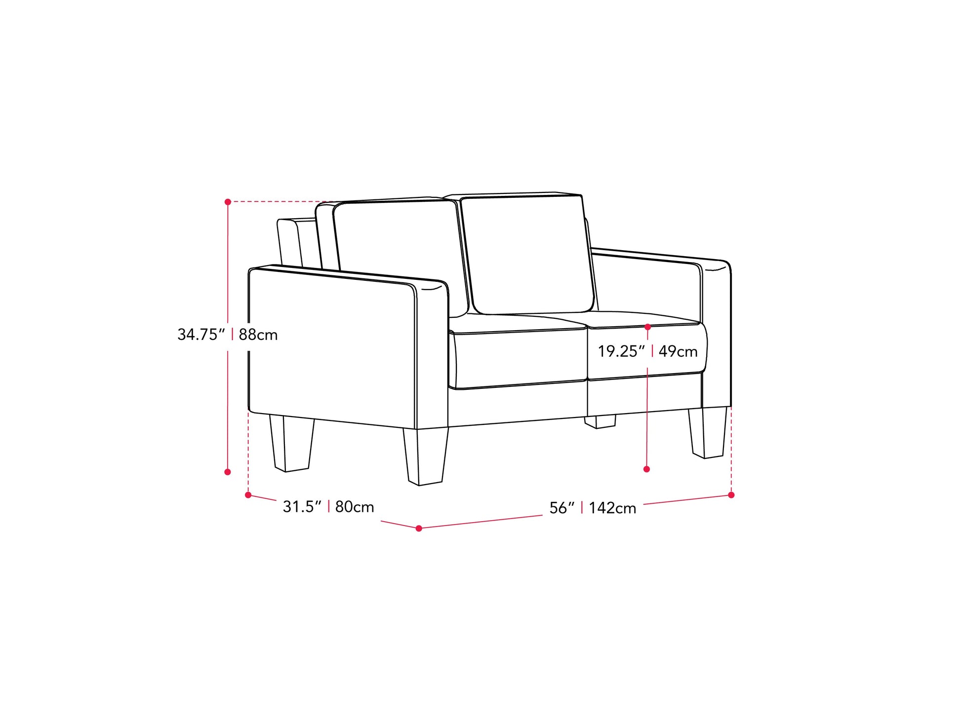 grey 2 Seater Sofa Loveseat Georgia Collection measurements diagram by CorLiving#color_georgia-grey