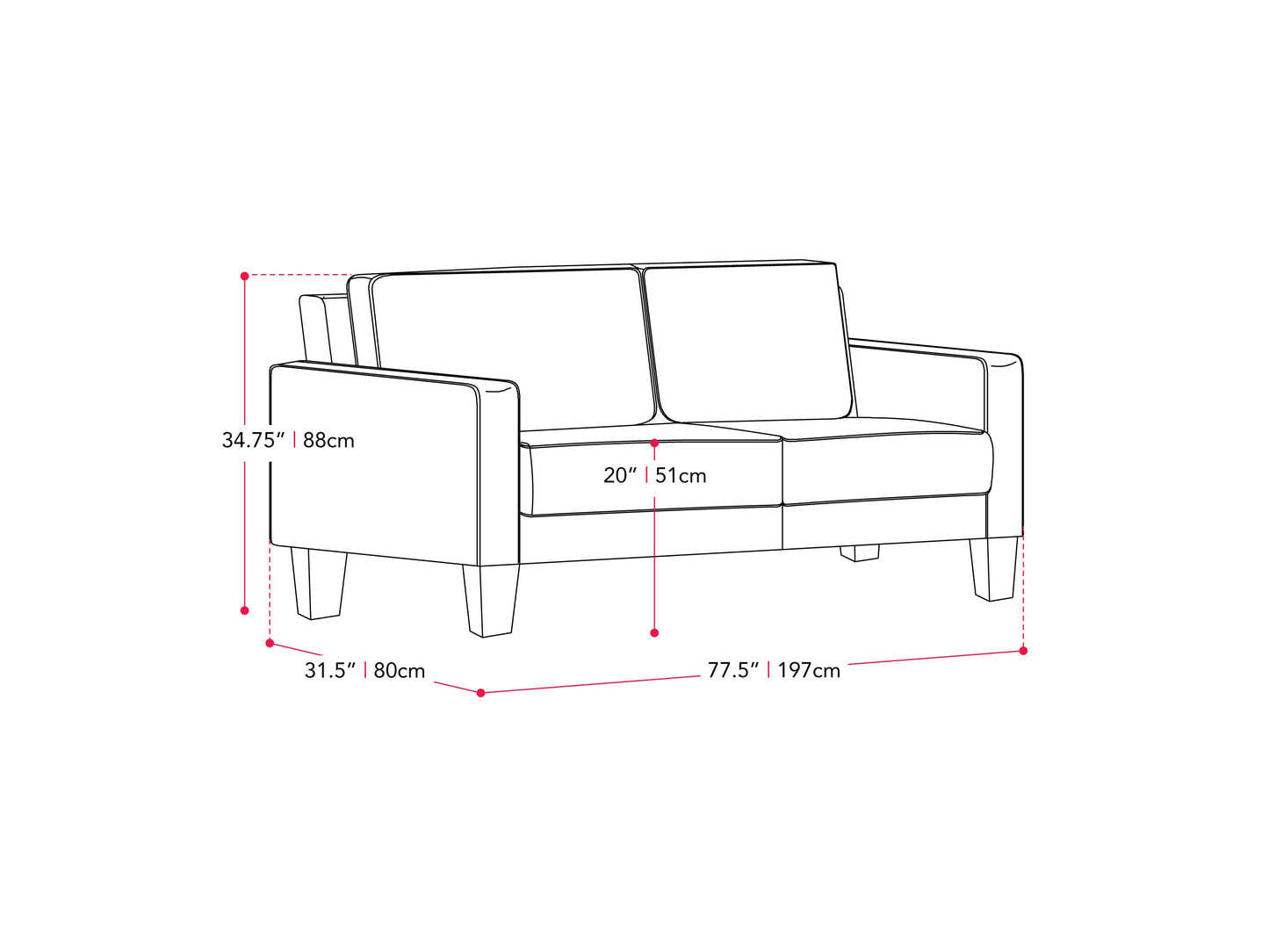 grey Sofa and Chair Set, 2 piece Georgia Collection measurements diagram by CorLiving#color_georgia-grey