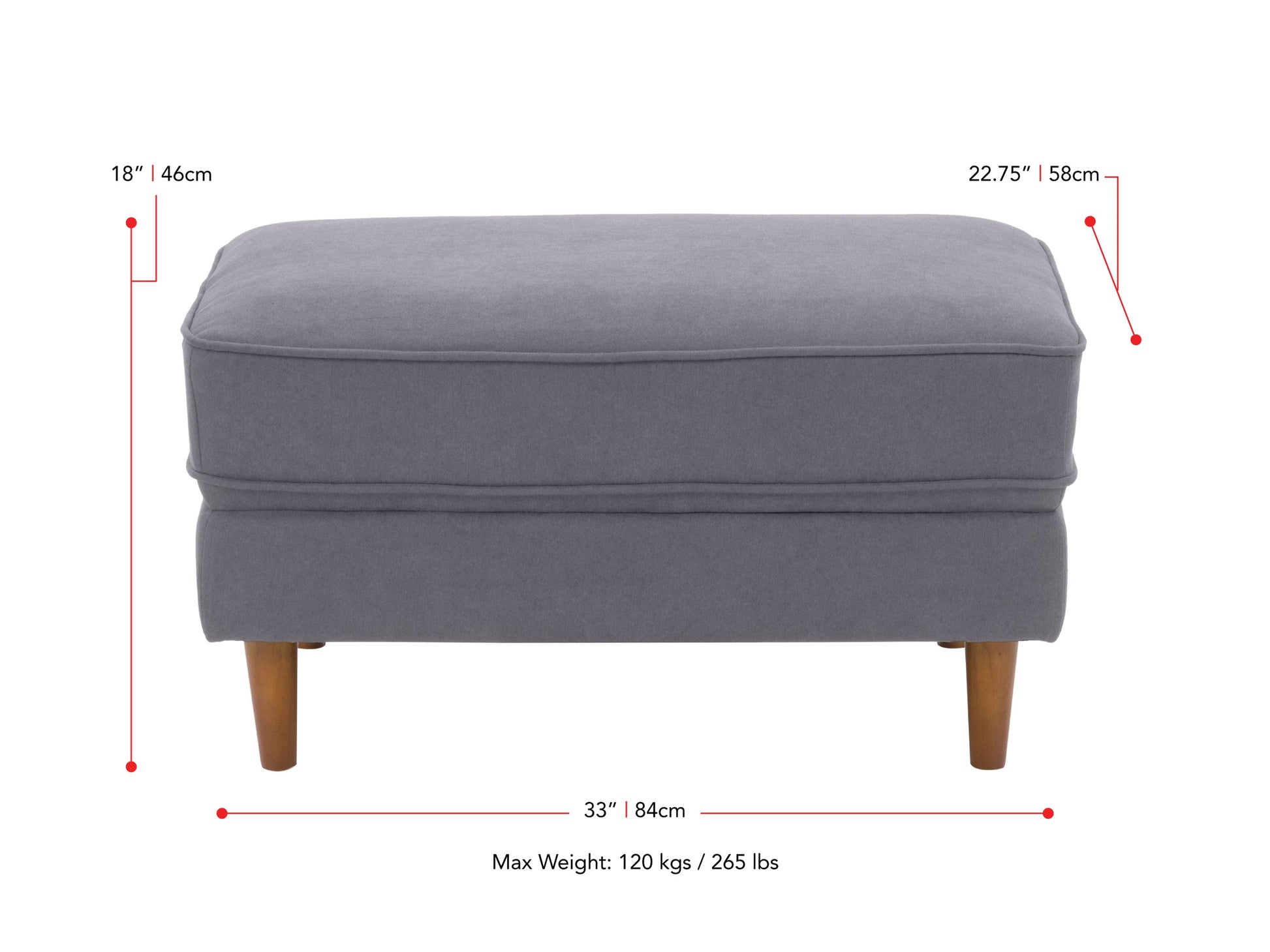 grey Mid-Century Modern Ottoman Mulberry Collection measurements diagram by CorLiving#color_mulberry-grey
