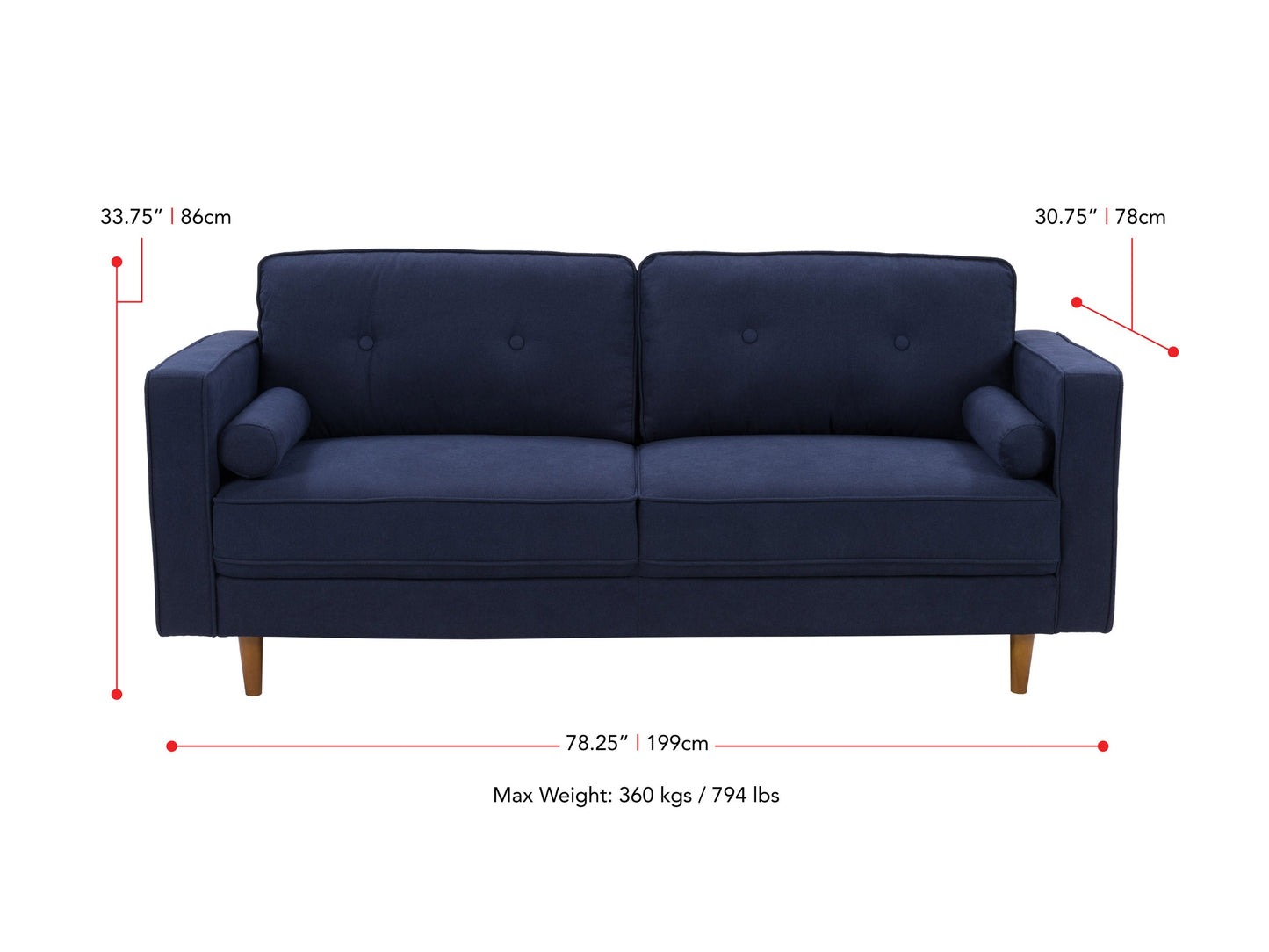 navy blue 3 Seater Sofa Mulberry collection measurements diagram by CorLiving#color_navy-blue