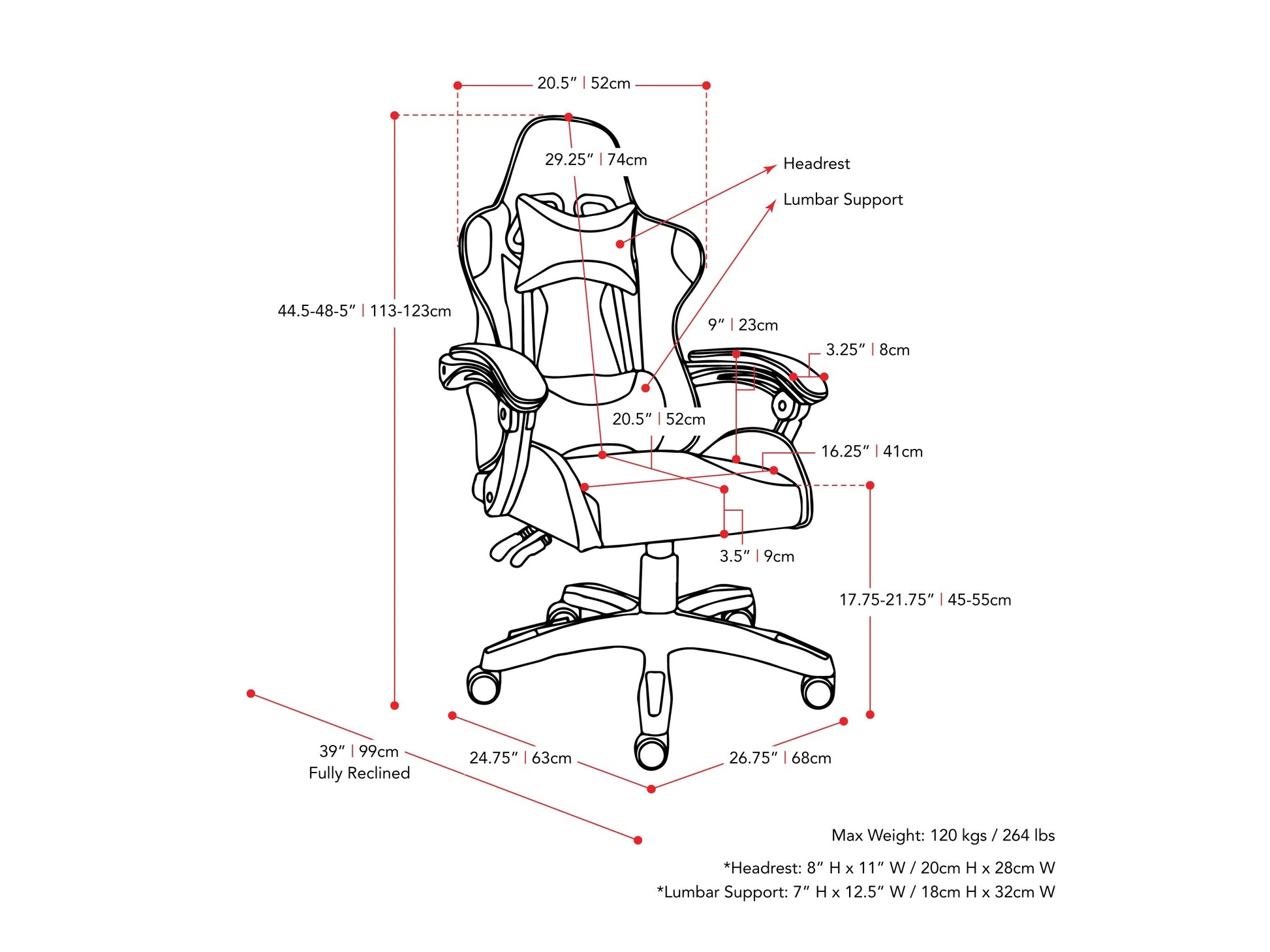 black and red Reclining Gaming Chair Ravagers Collection measurements diagram by CorLiving#color_black-and-red