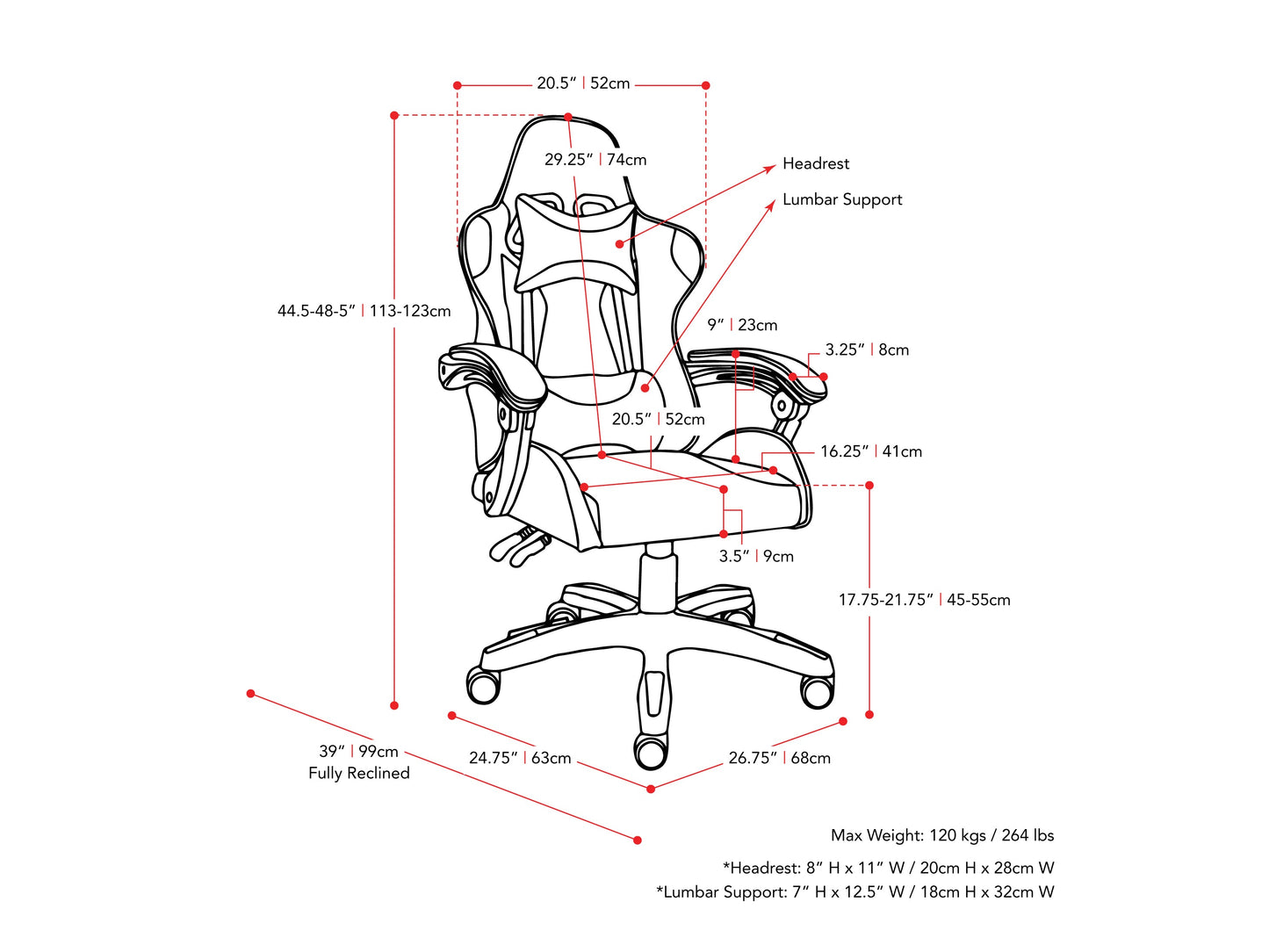 black and blue Reclining Gaming Chair Ravagers Collection measurements diagram by CorLiving#color_black-and-blue