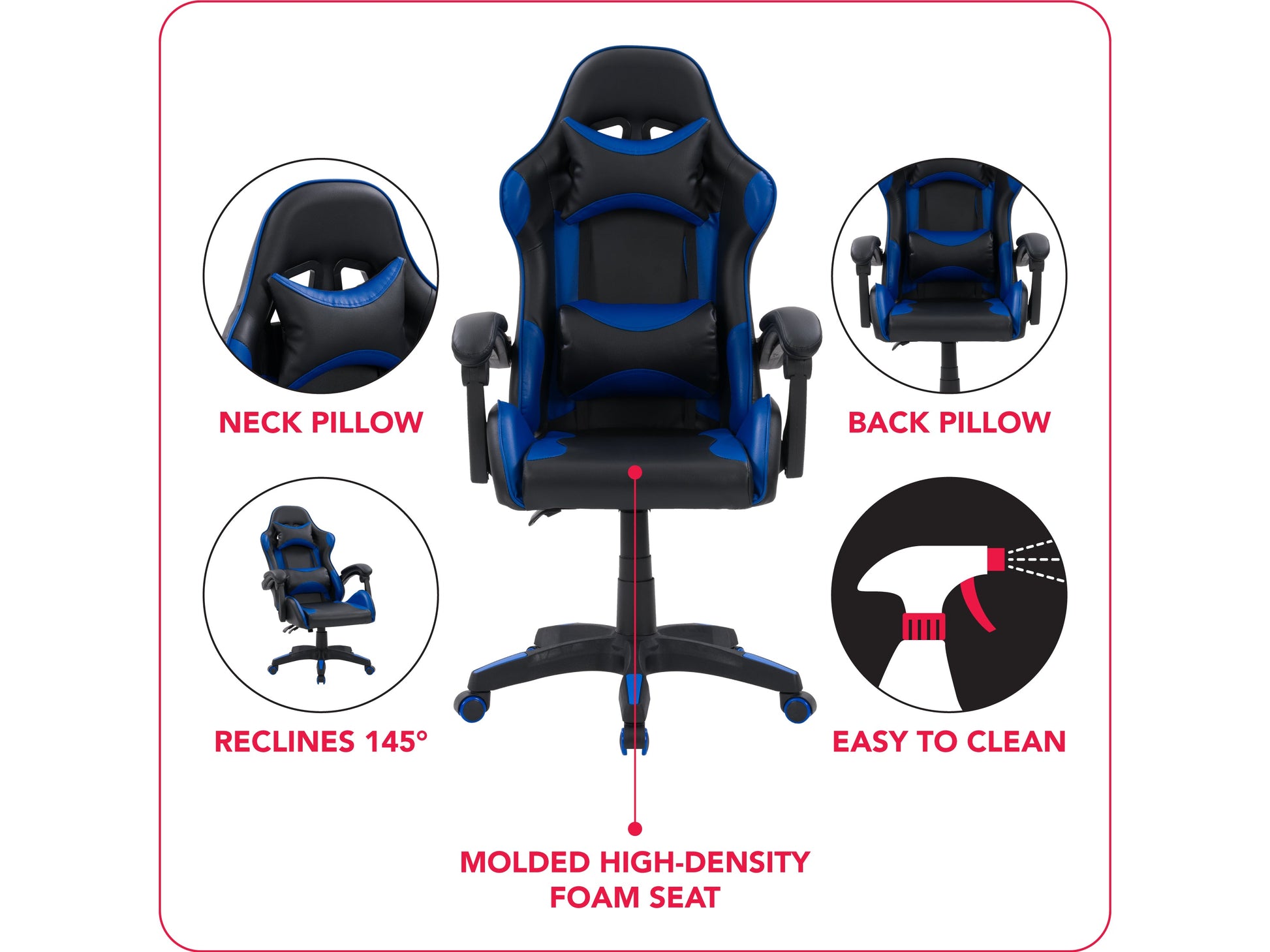 black and blue Reclining Gaming Chair Ravagers Collection infographic by CorLiving#color_black-and-blue