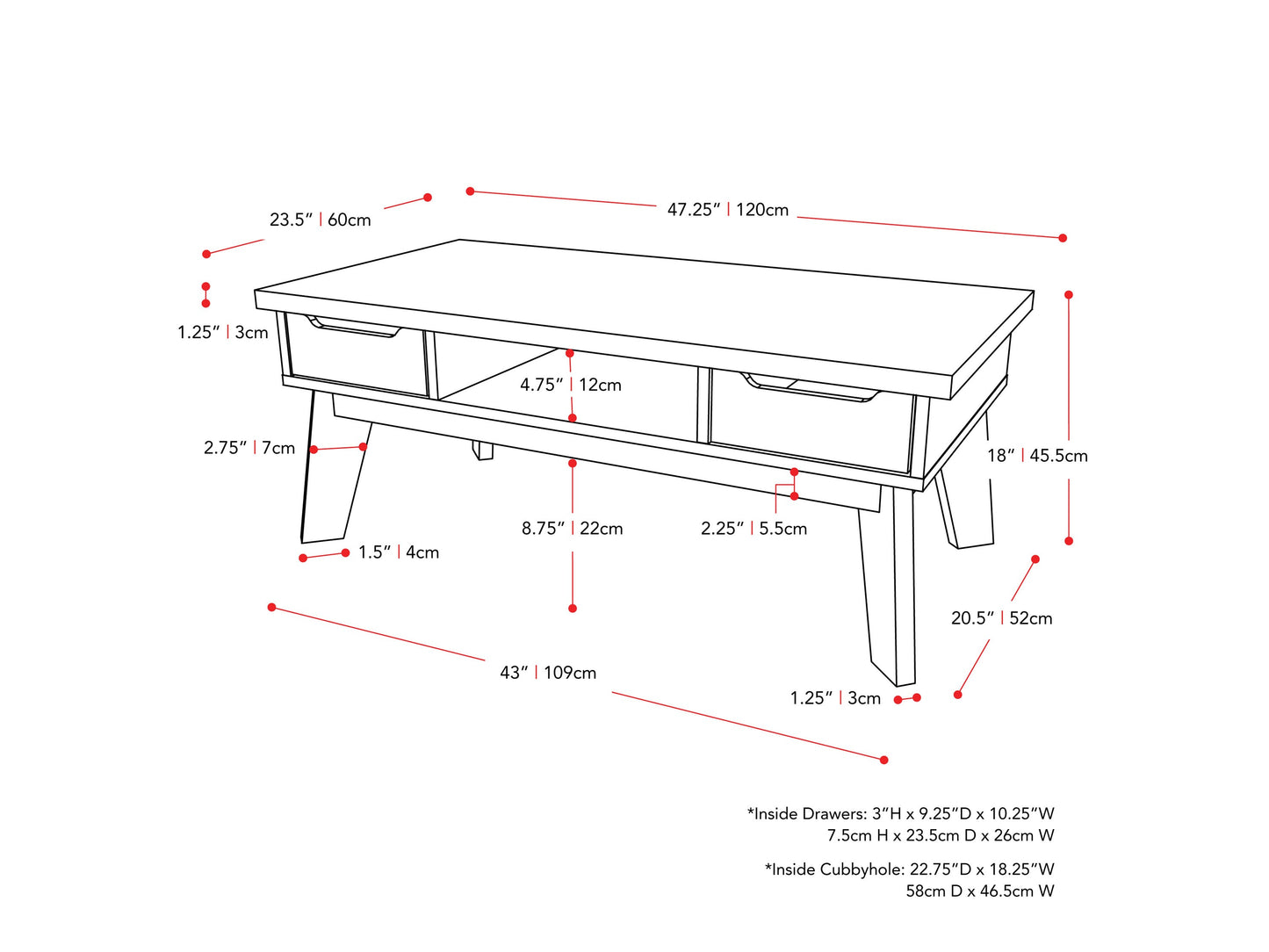 dark grey Mid Century Modern Coffee Table Hollywood Collection measurements diagram by CorLiving#color_dark-grey