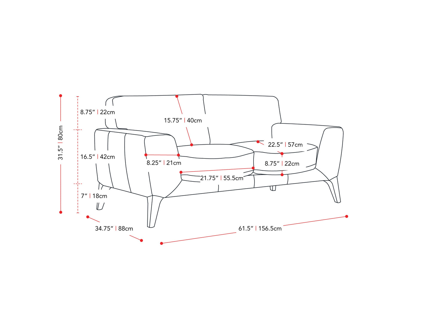 white Faux Leather Loveseat London collection measurements diagram by CorLiving#color_white