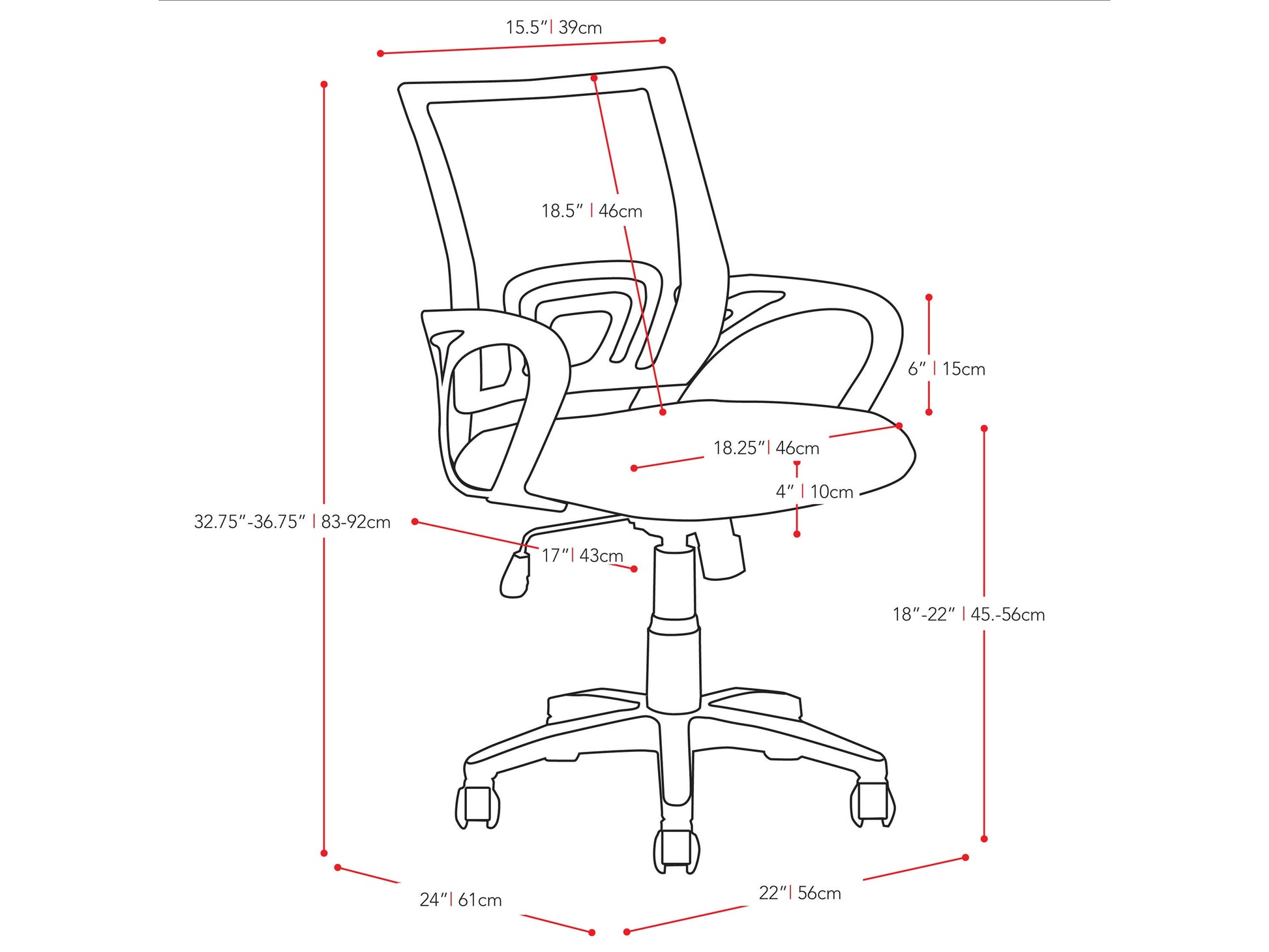 maroon Mesh Back Office Chair Jaxon Collection measurements diagram by CorLiving#color_maroon