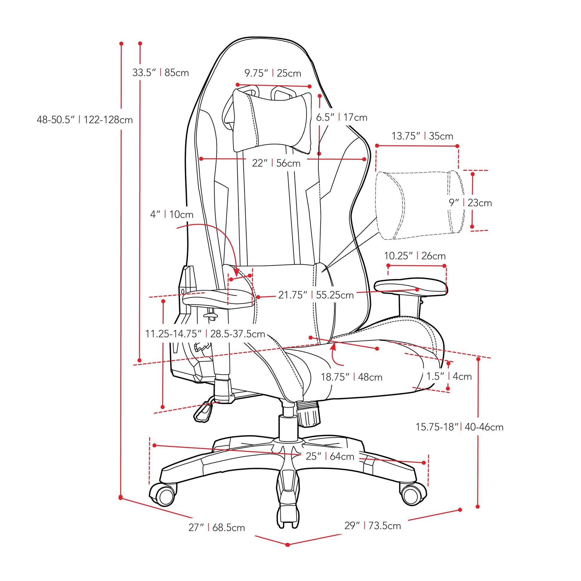 black and gold Ergonomic Gaming Chair Workspace Collection measurements diagram by CorLiving#color_black-and-gold