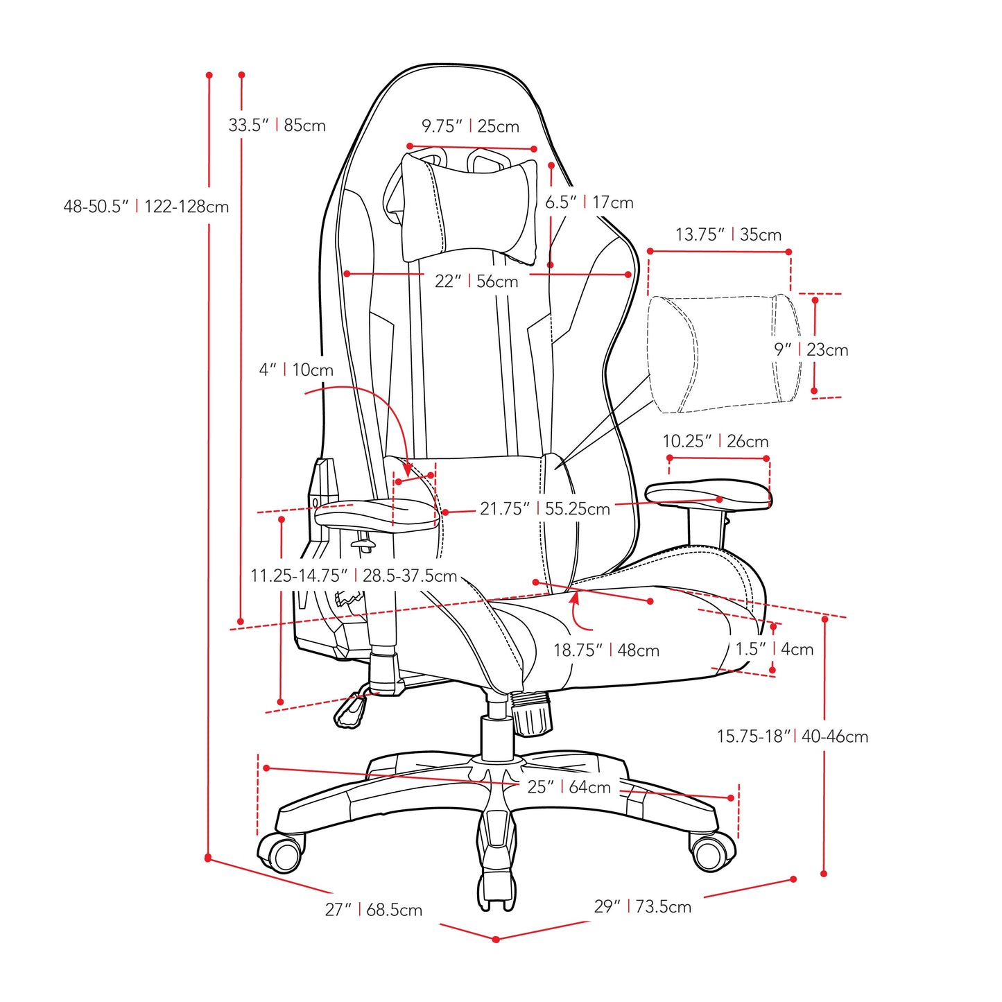 red and white Ergonomic Gaming Chair Workspace Collection measurements diagram by CorLiving#color_red-and-white