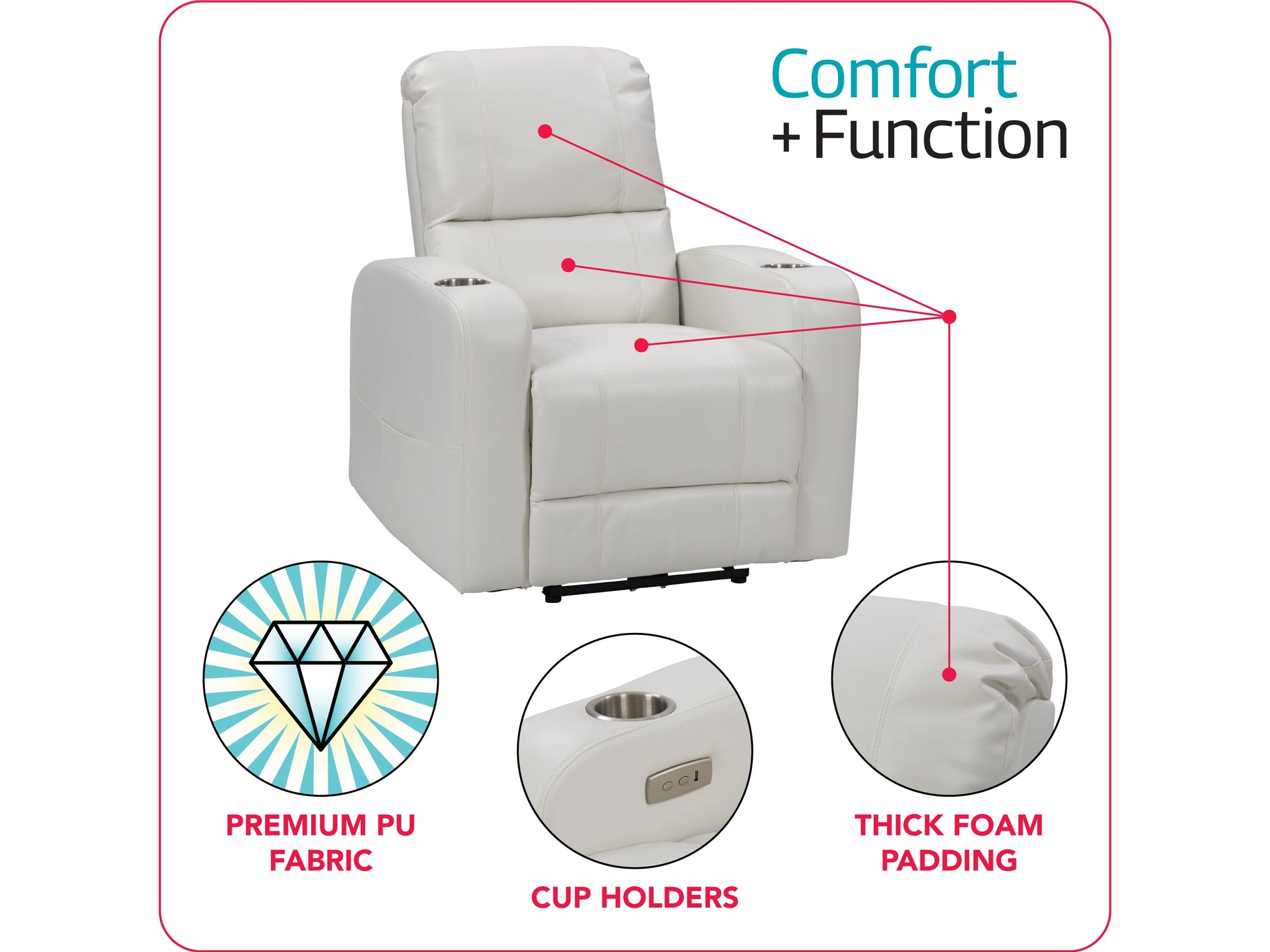 white Power Recliner with Cup Holder Ophelia Collection infographic by CorLiving#color_white