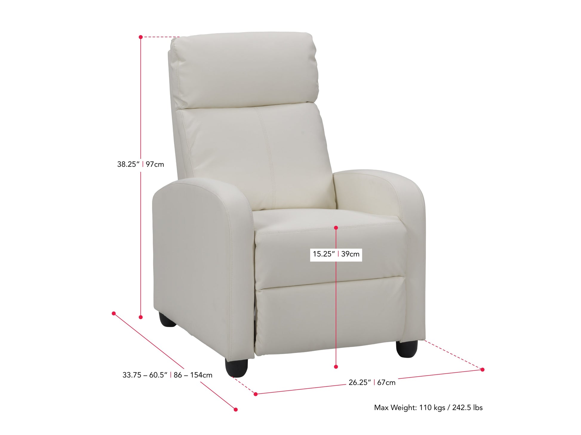 white Push Back Recliner Ophelia Collection measurements diagram by CorLiving#color_white