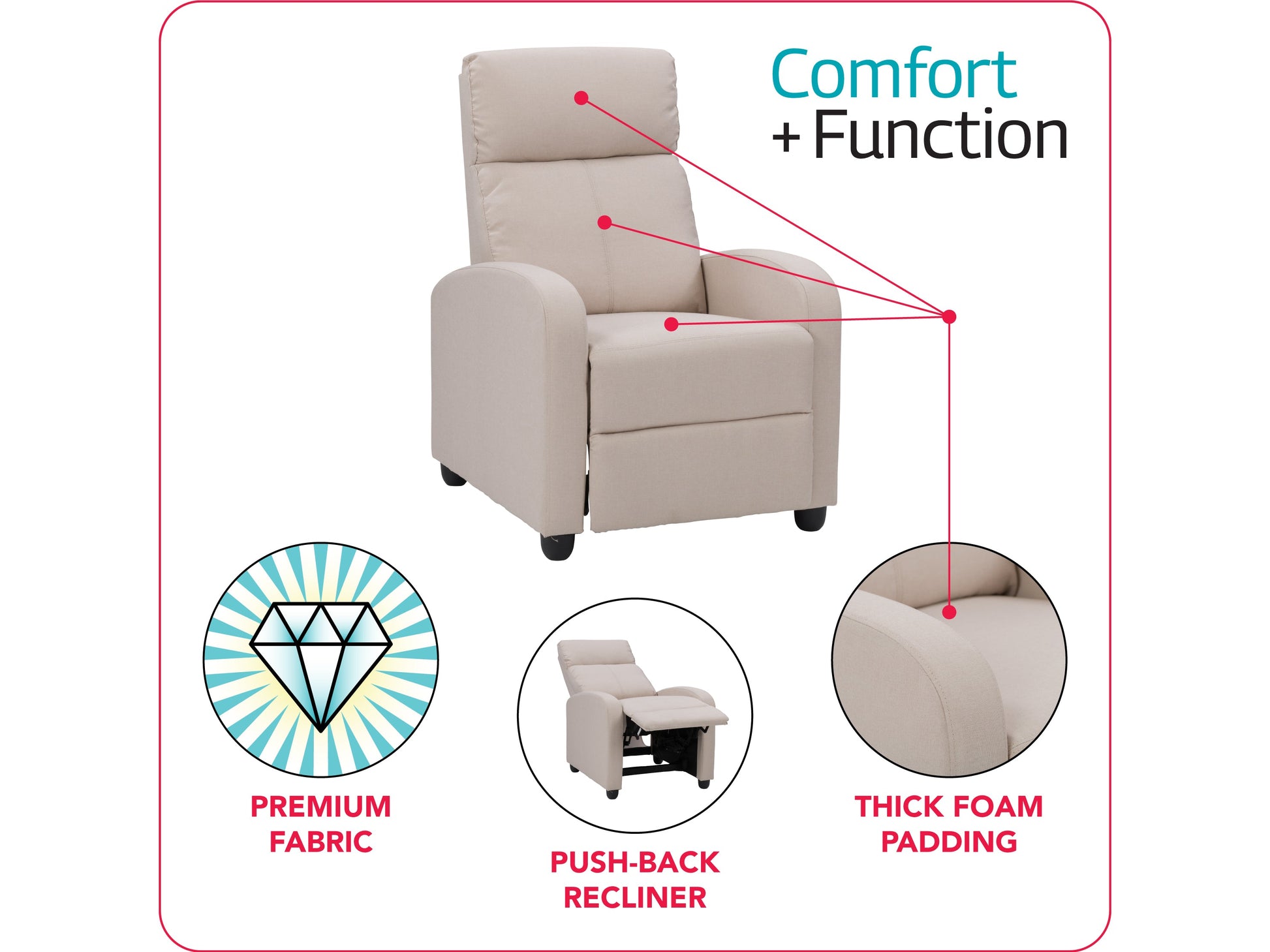 beige Push Back Recliner Ophelia Collection infographic by CorLiving#color_beige