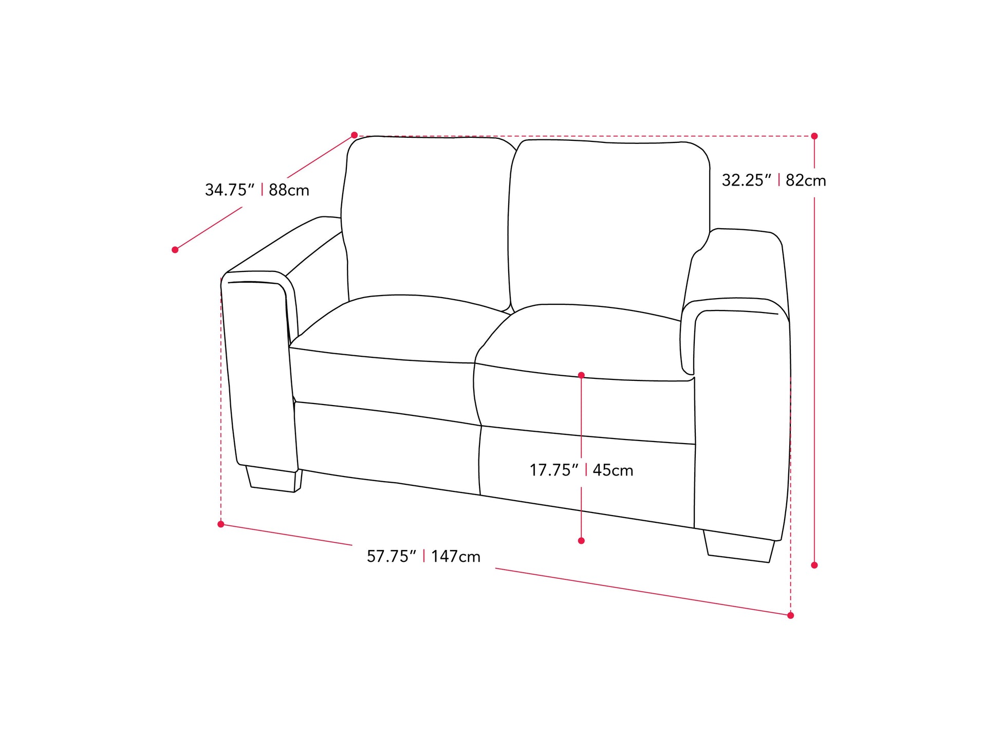 dark grey 2 Seater Sofa Loveseat Lyon collection measurements diagram by CorLiving#color_dark-grey