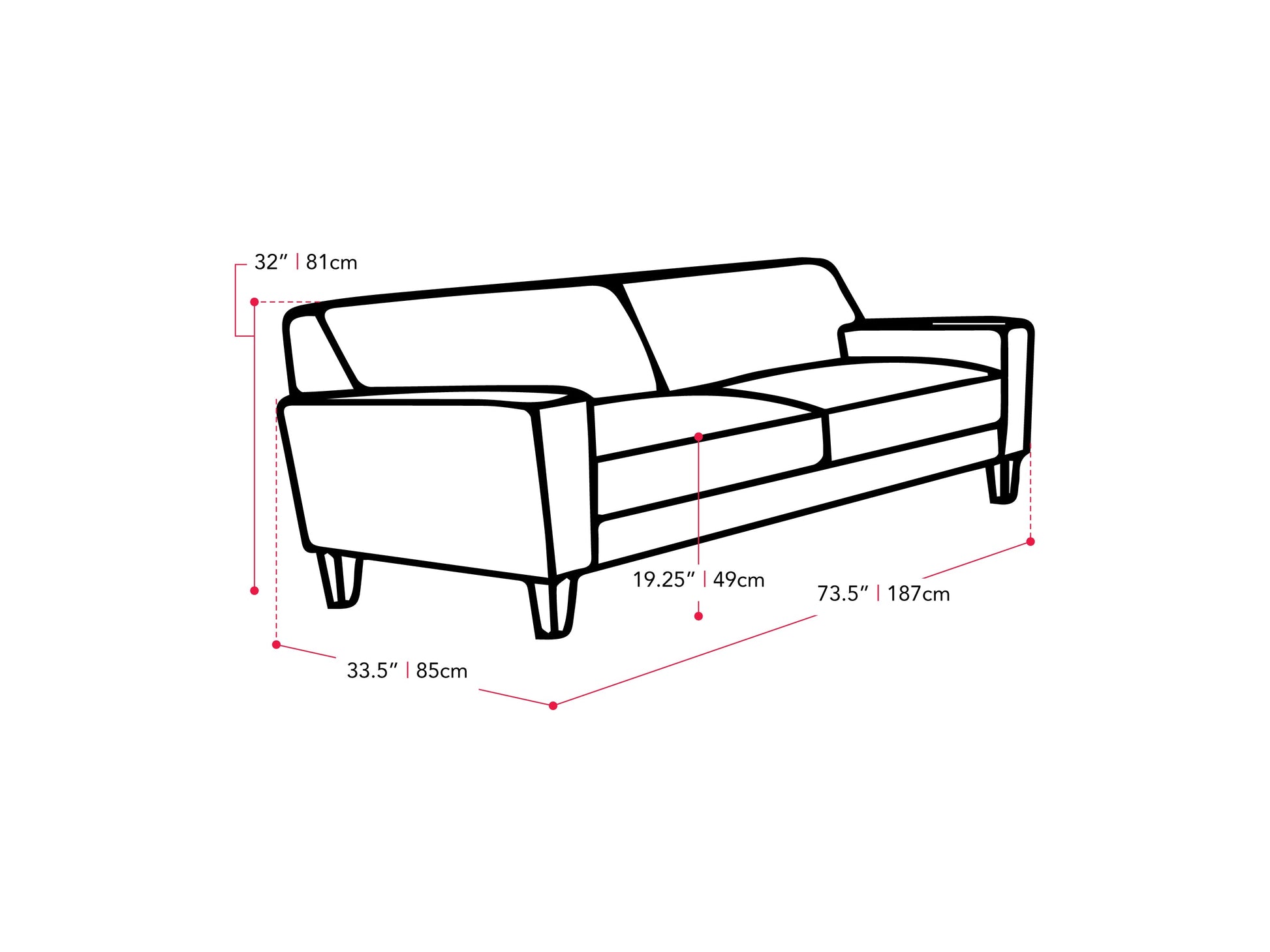 grey 3 Seater Sofa Ari collection measurements diagram by CorLiving#color_grey