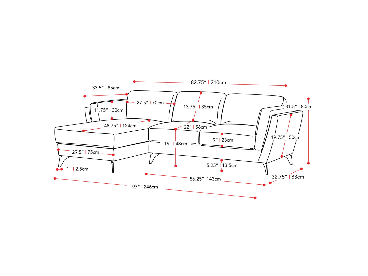 light grey L Shaped Sofa, Left Facing Lansing Collection measurements diagram by CorLiving#color_lansing-light-grey