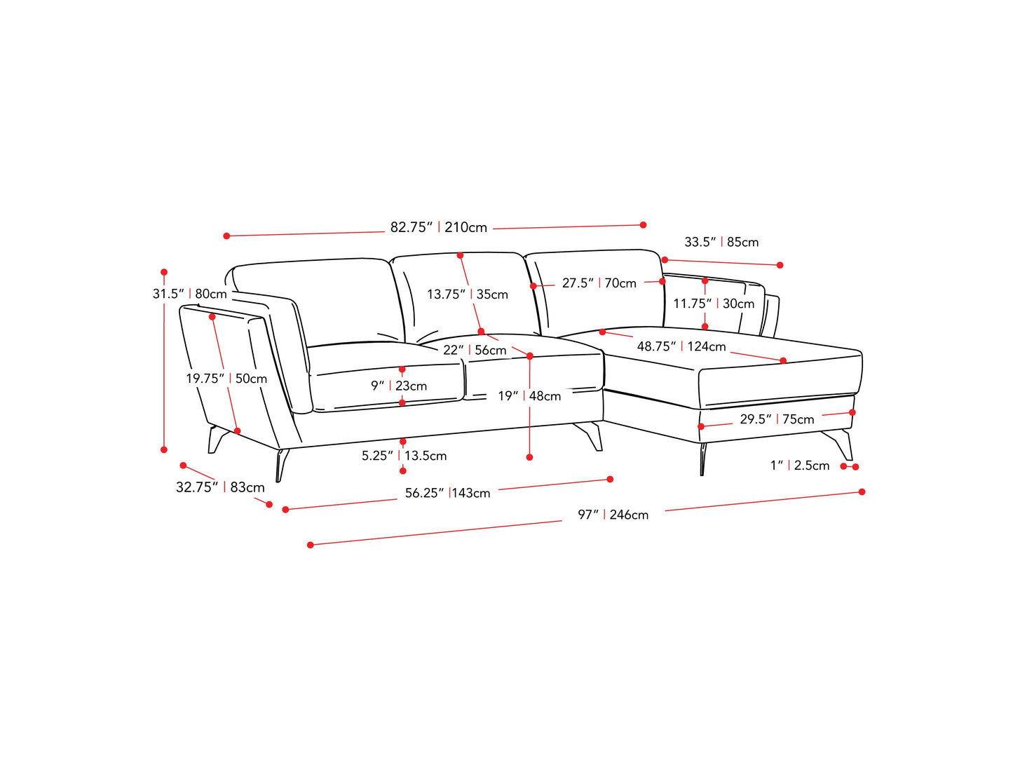 light grey L Shaped Sofa, Right Facing Lansing Collection measurements diagram by CorLiving#color_lansing-light-grey