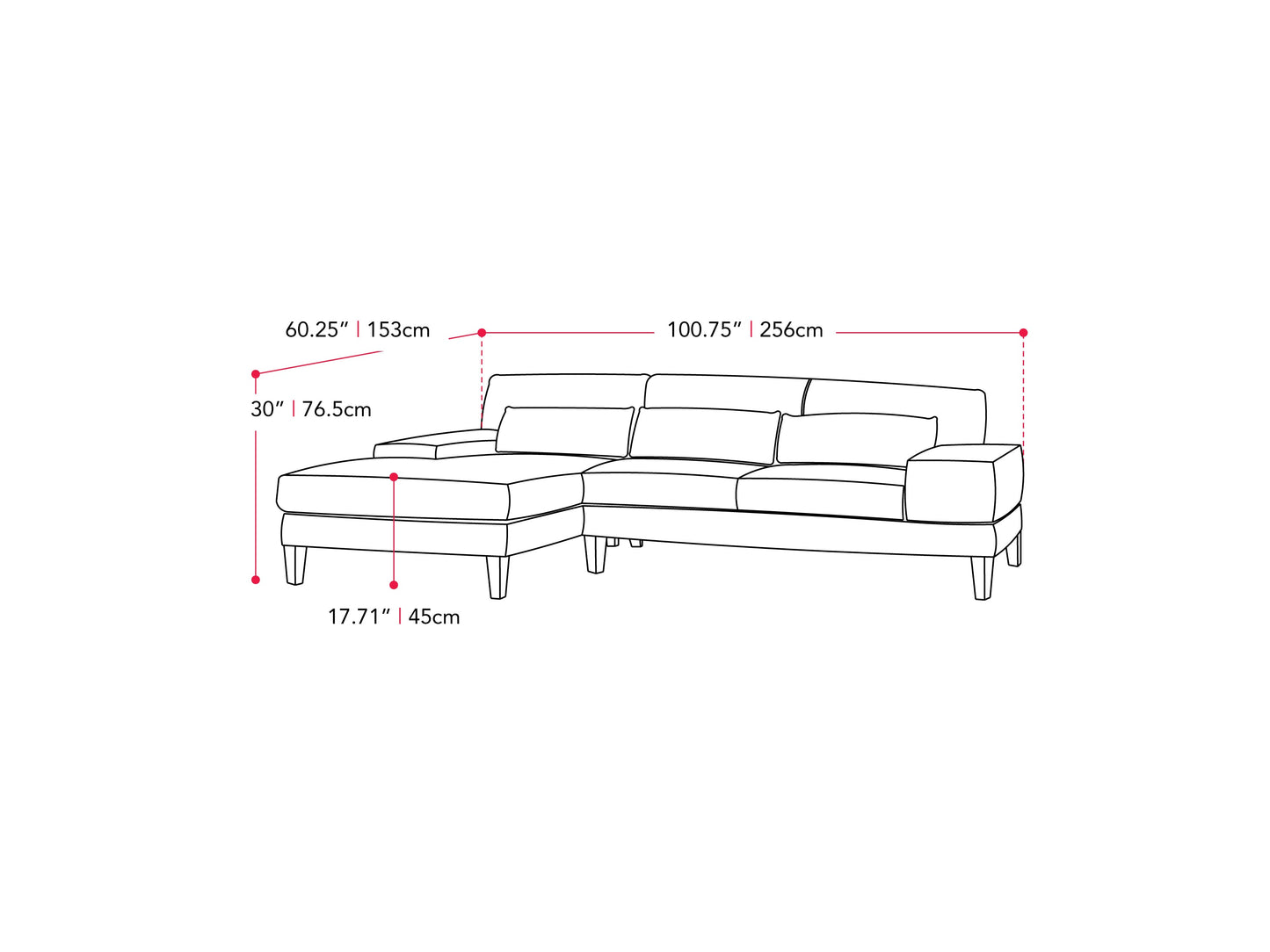 blue Modern Sectional Sofa, Right Facing Ava collection measurements diagram by CorLiving#color_blue