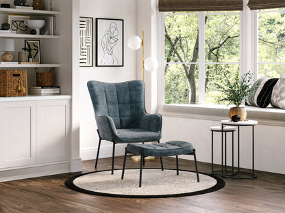 teal Velvet Accent Chair with Stool Charlotte Collection lifestyle scene by CorLiving#color_charlotte-dark-teal