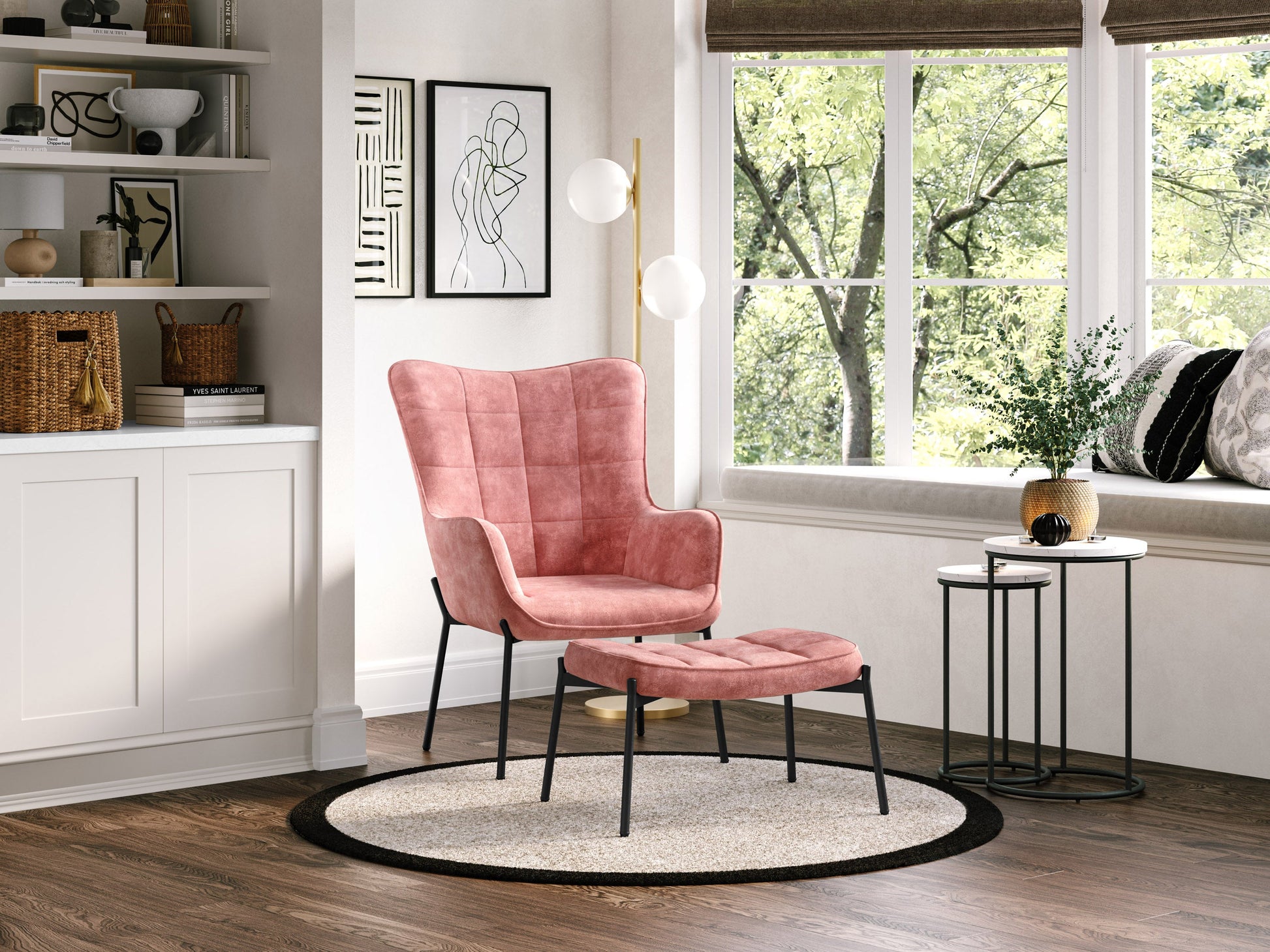 pink Velvet Accent Chair with Stool Charlotte Collection lifestyle scene by CorLiving#color_charlotte-salmon-pink
