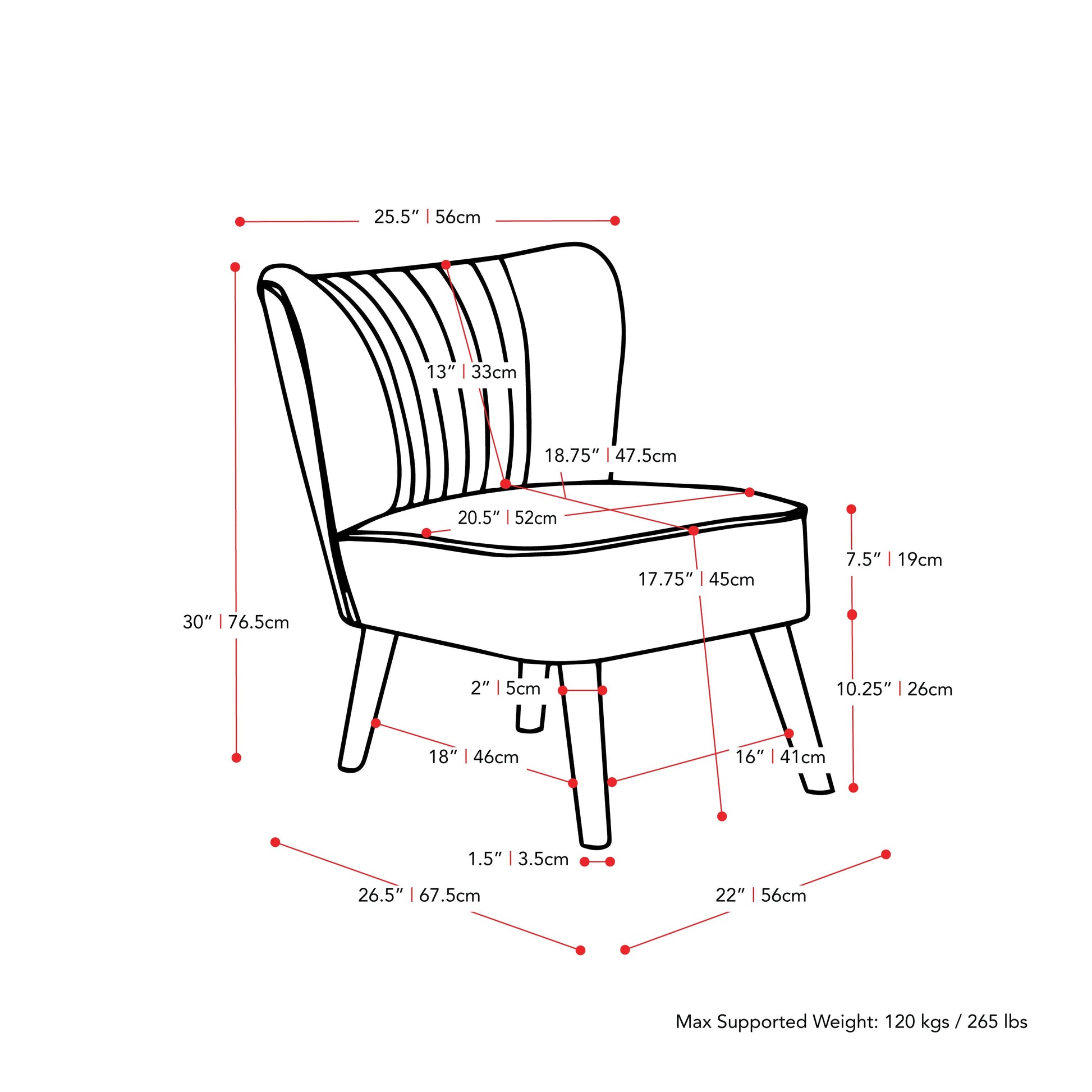 pink Velvet Accent Chair with pouf Lynwood Collection measurements diagram by CorLiving#color_pink
